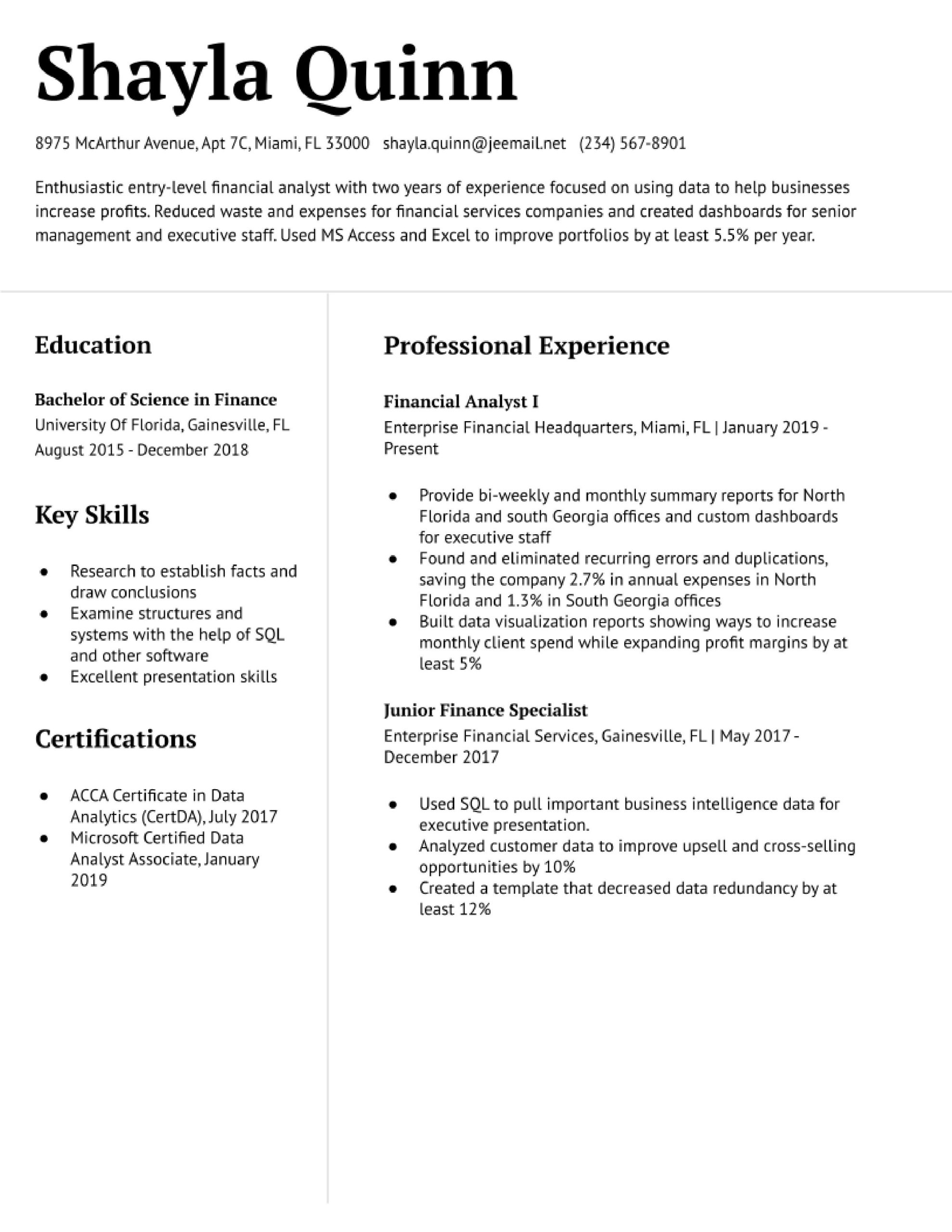 Financial Analyst Internships Undergraduate Resume Sample Financial Analyst Resume Examples In 2022 – Resumebuilder.com