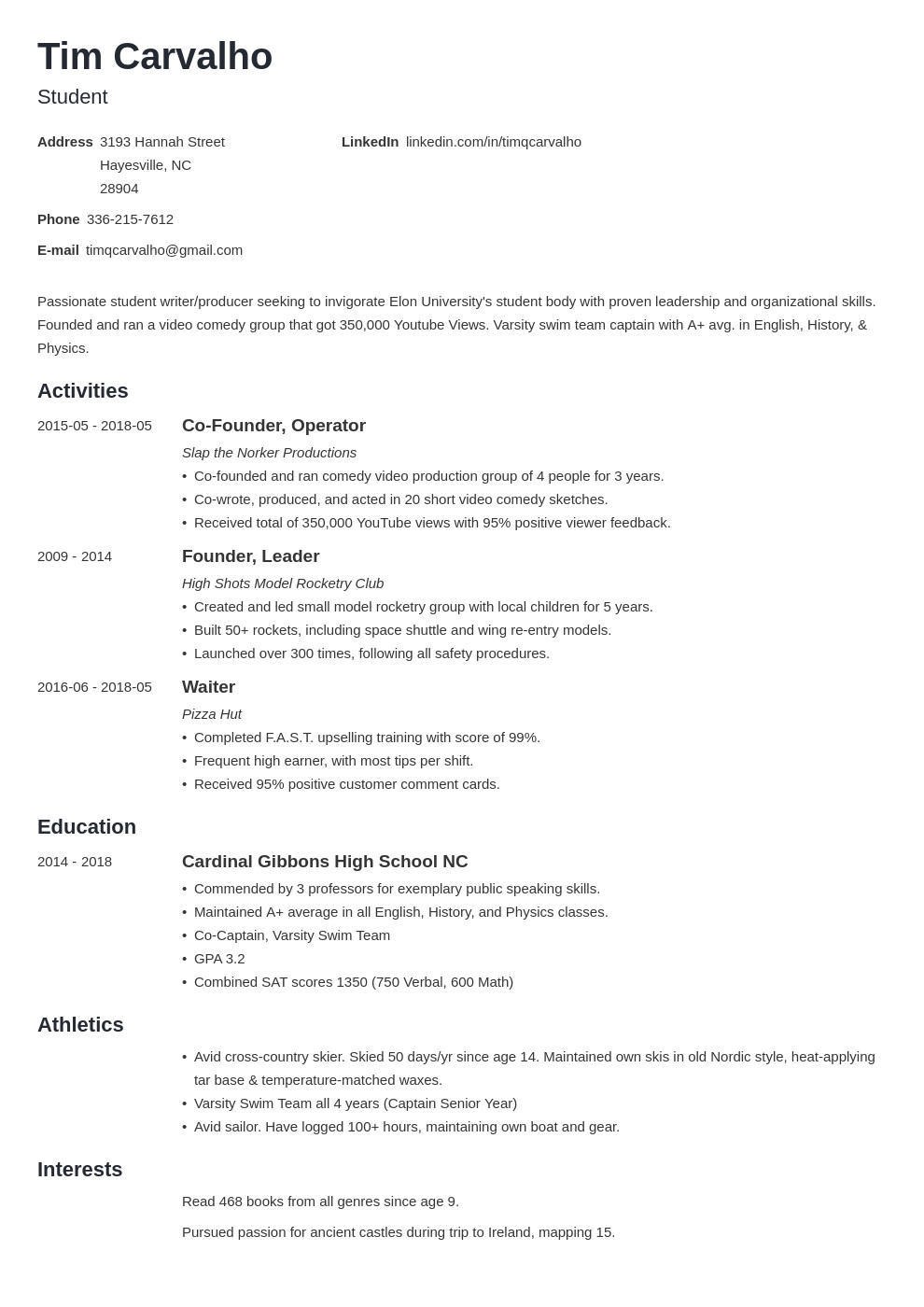 Sample High School Resume for College Admission College Resume Template for High School Students 2021