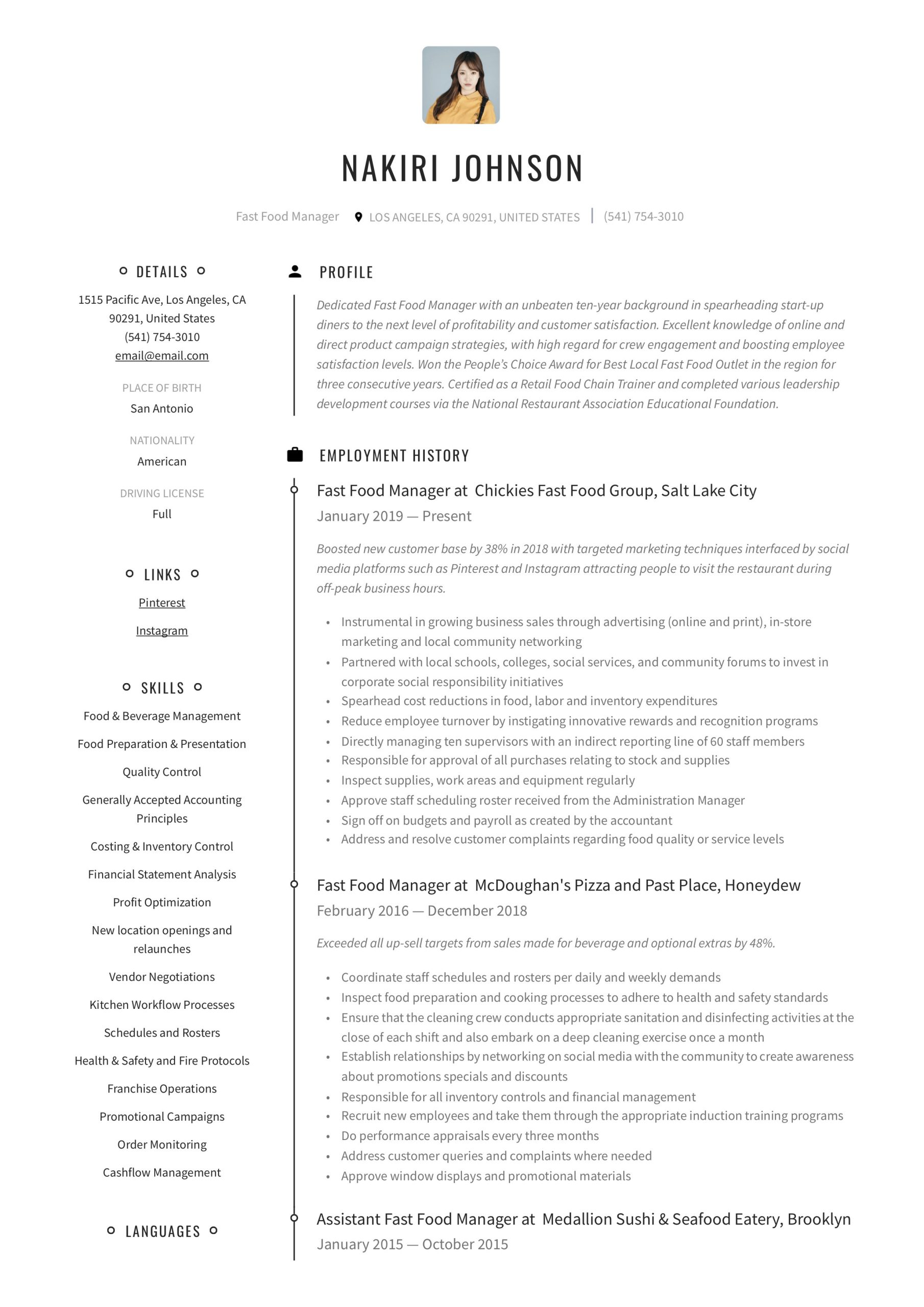 Sample Resume Director Of Food Safety Fast Food Manager Resume & Writing Guide  12 Examples 2022