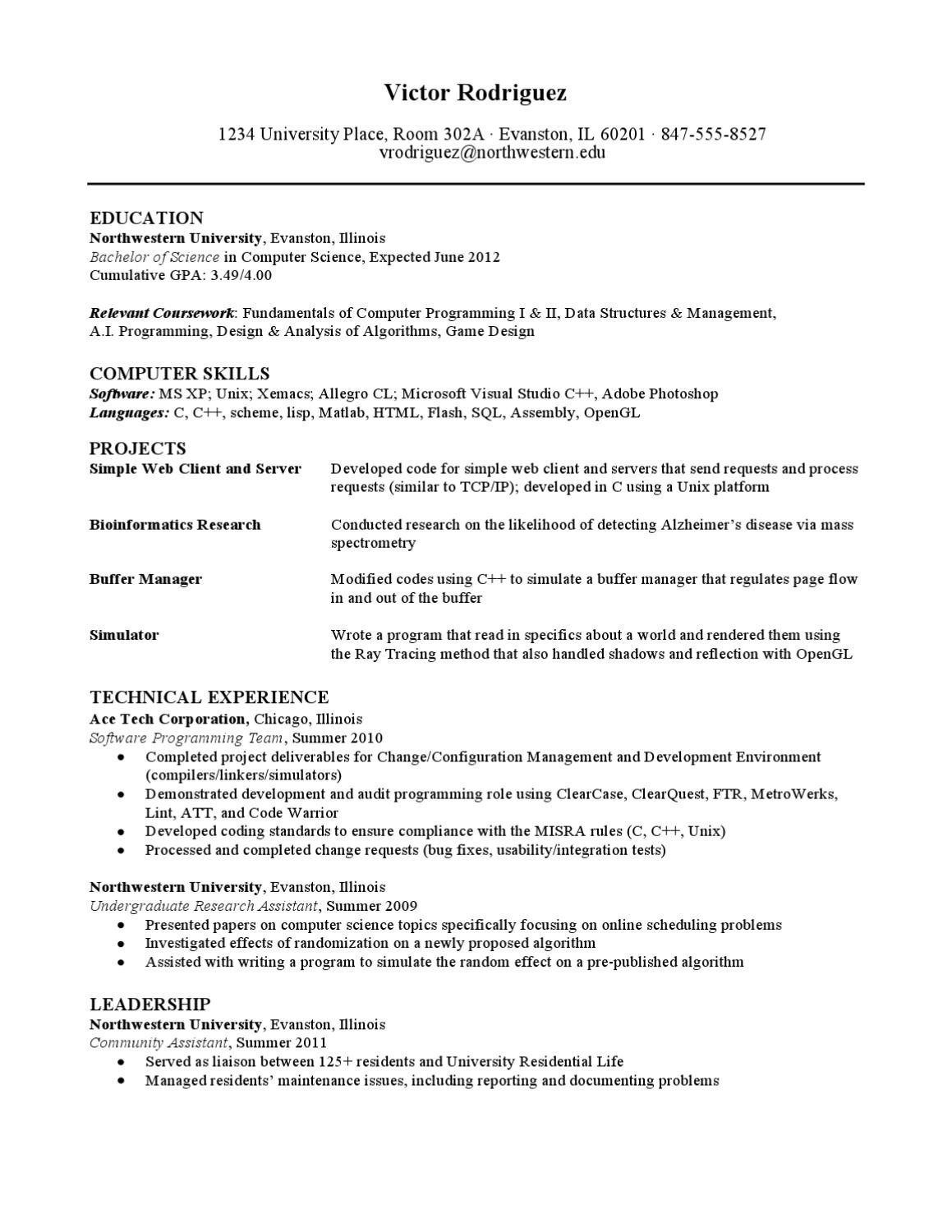 Sample Resume for Bioinformatics College Student Technical Resume Sample by northwestern University Career Services …