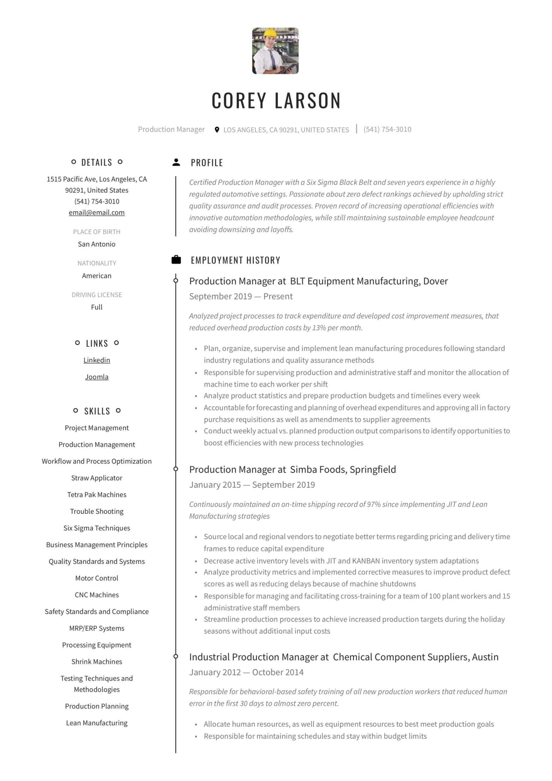 Sample Resume for Program Administrator Manufacturing Production Manager Resume & Writing Guide  12 Templates 2020