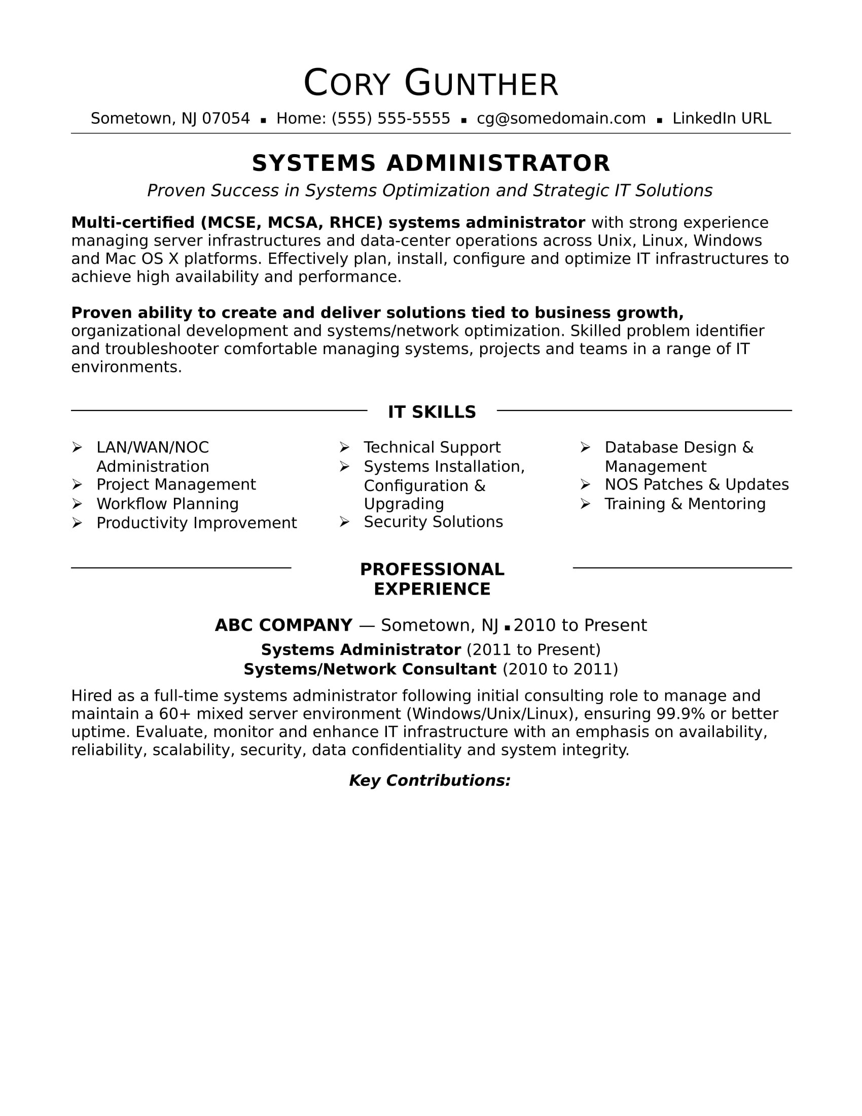 Sample Resume for Program Administrator Manufacturing Sample Resume for An Experienced Systems Administrator Monster.com