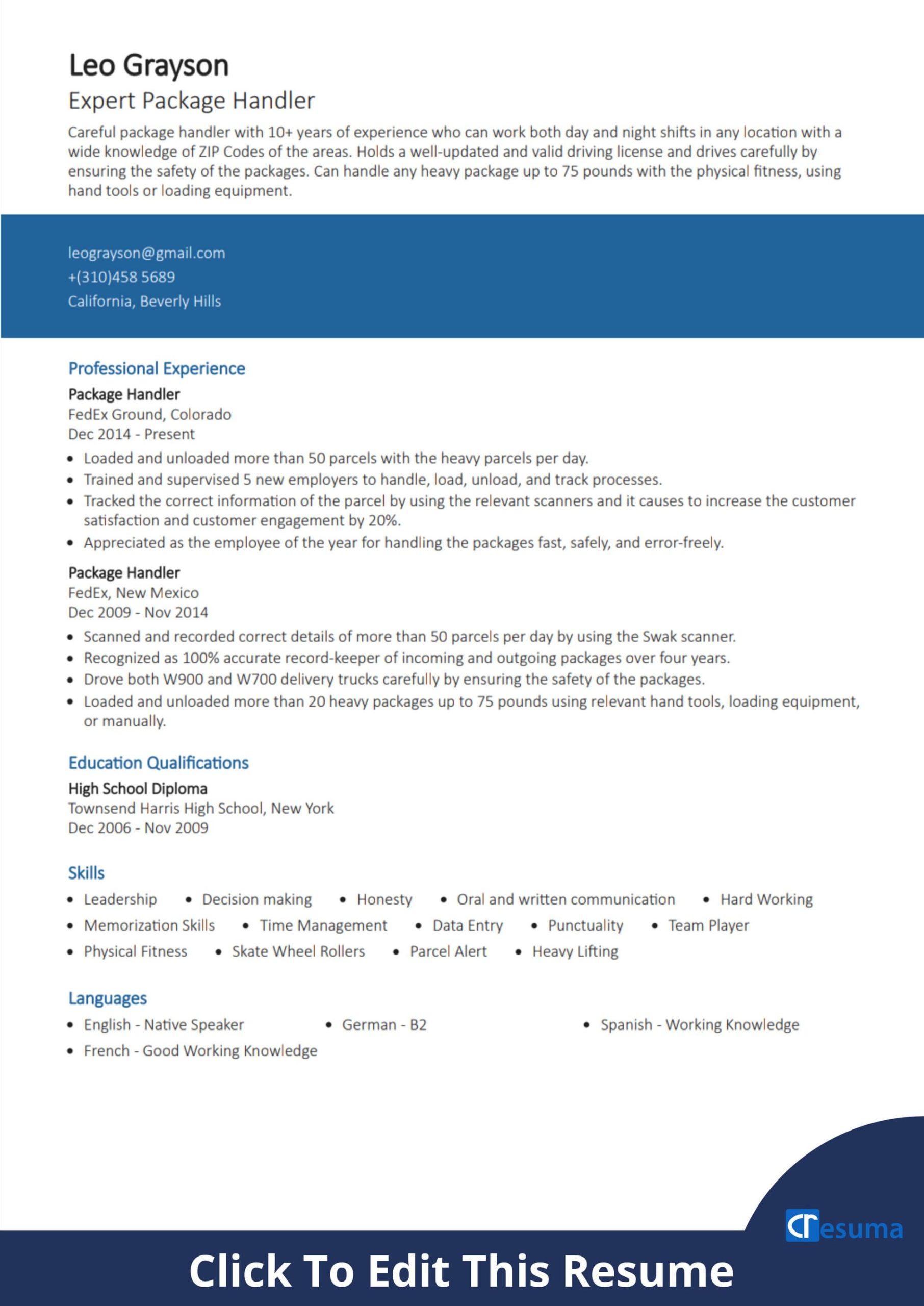 Sample Resume for Ups Package Handler Package Handler Resume Example with Tips & Hacks Cresuma