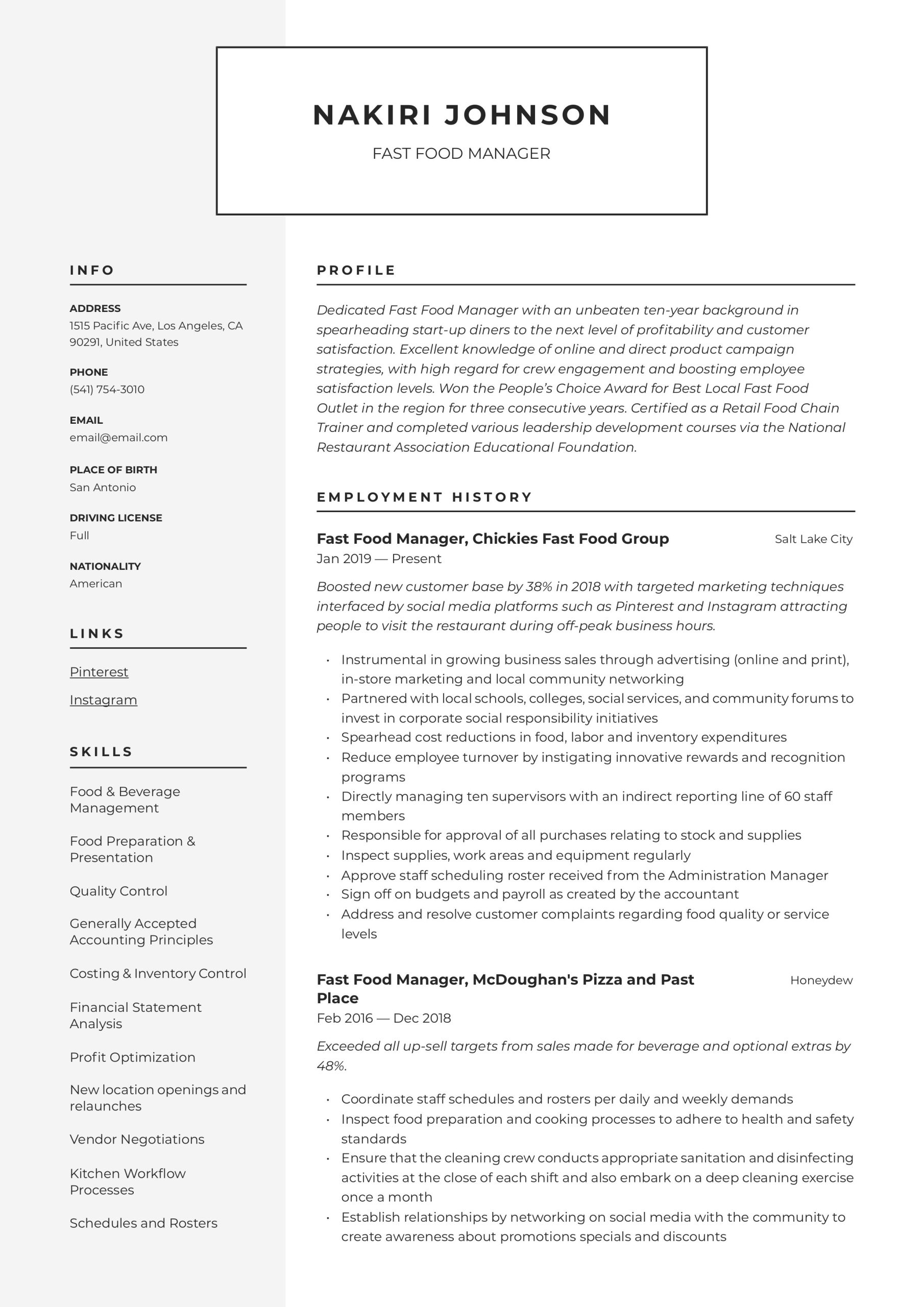 Sample Skills On Resume for Fast Food Restaurant Franchise Fast Food Manager Resume & Writing Guide  12 Examples 2022