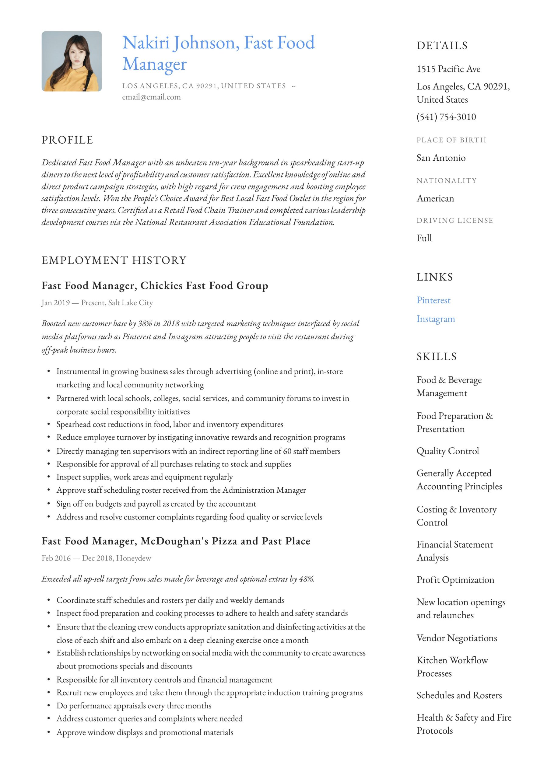 Sample Skills On Resume for Fast Food Restaurant Franchise Fast Food Manager Resume & Writing Guide  12 Examples 2022