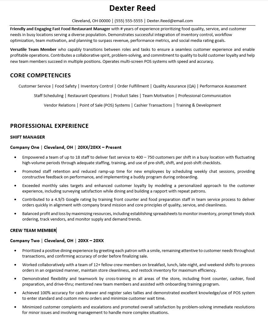 Sample Skills On Resume for Fast Food Restaurant Franchise Fast Food Resume Sample Monster.com