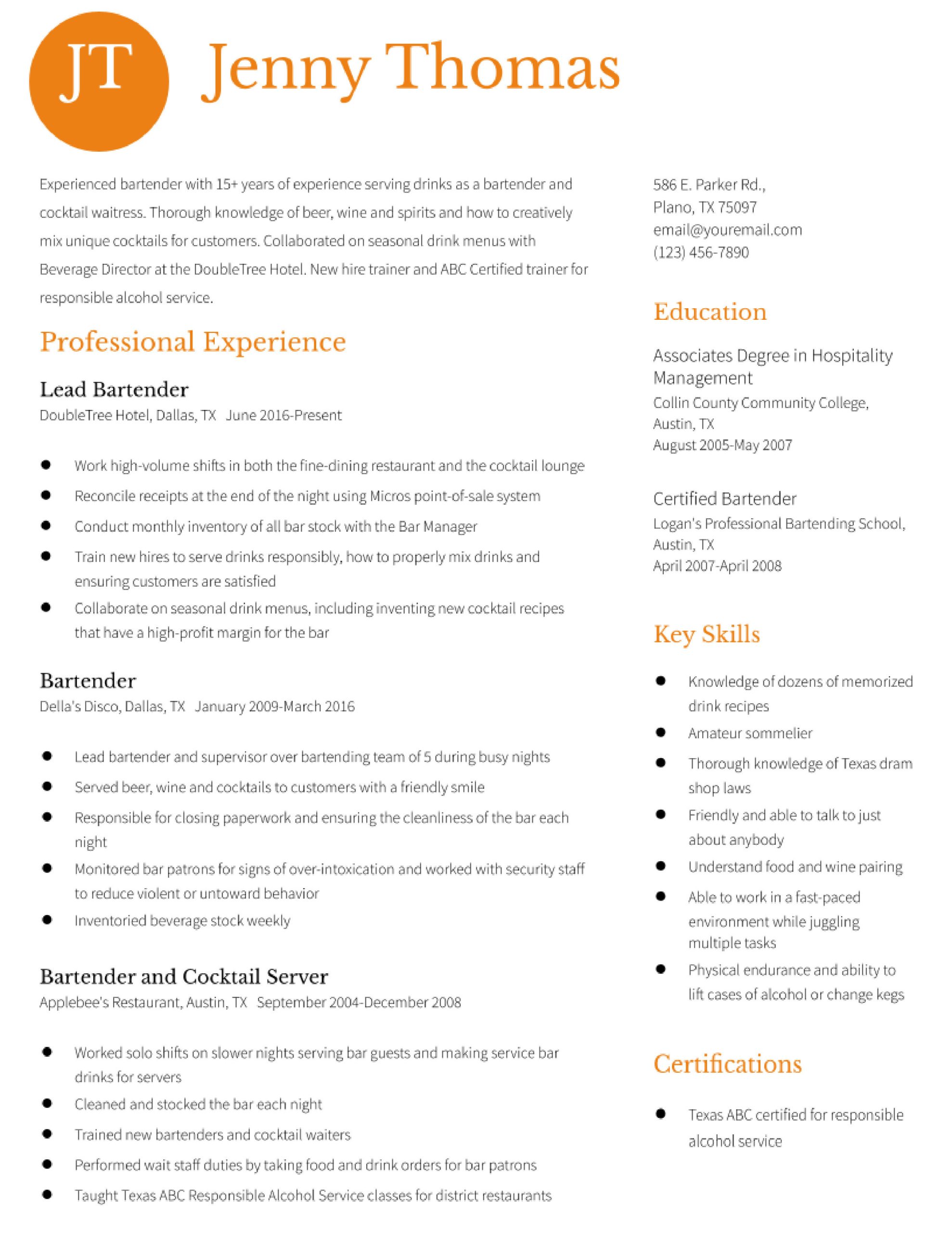 Bartender Resume Sample that is Looking to Change Careers Bartender Resume Examples In 2022 – Resumebuilder.com