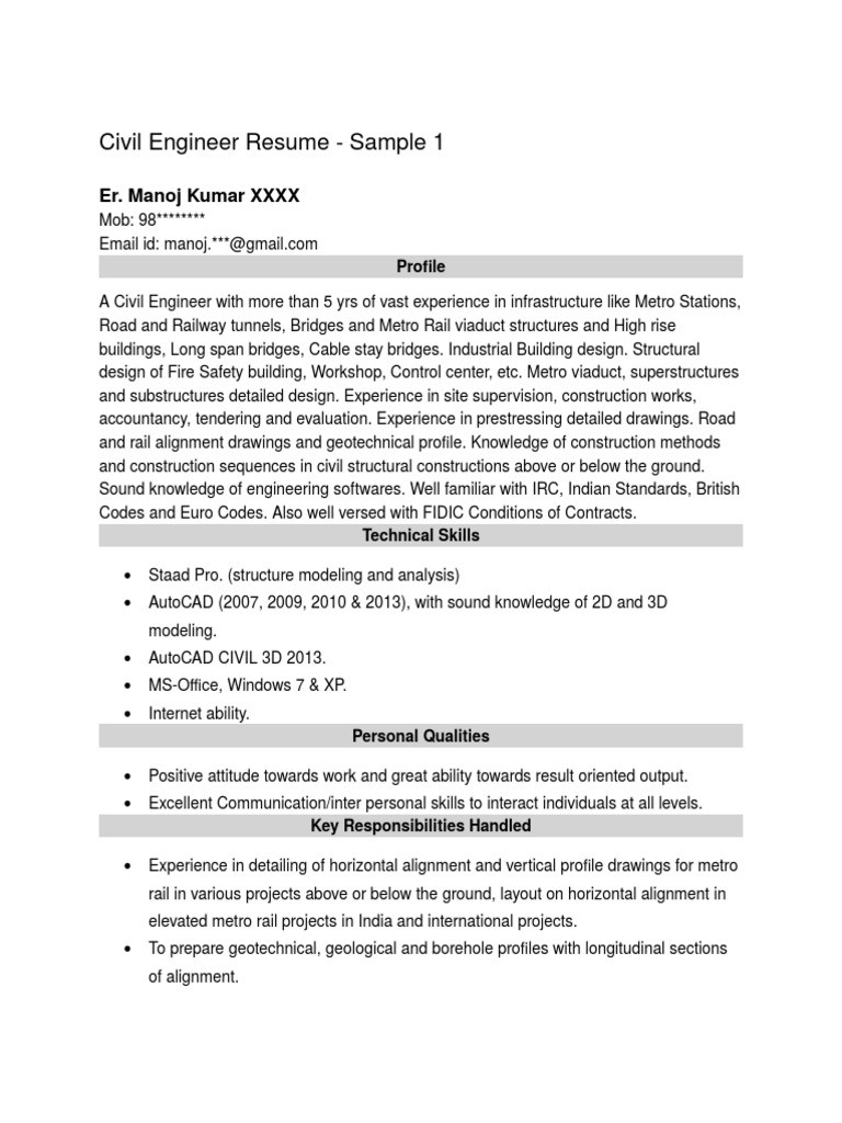 Entry Level Railroad Technician Resume Samples Civil Engineer Resume – Sample 1 Pdf Tunnel Rapid Transit