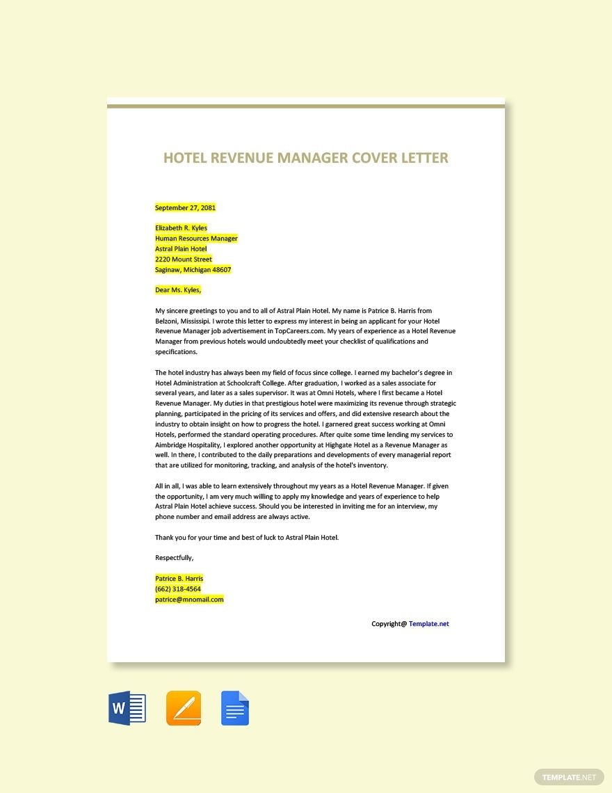 Free Sample Resume Cover Letter for Hotel Free Free Hotel Revenue Manager Cover Letter Template – Google …