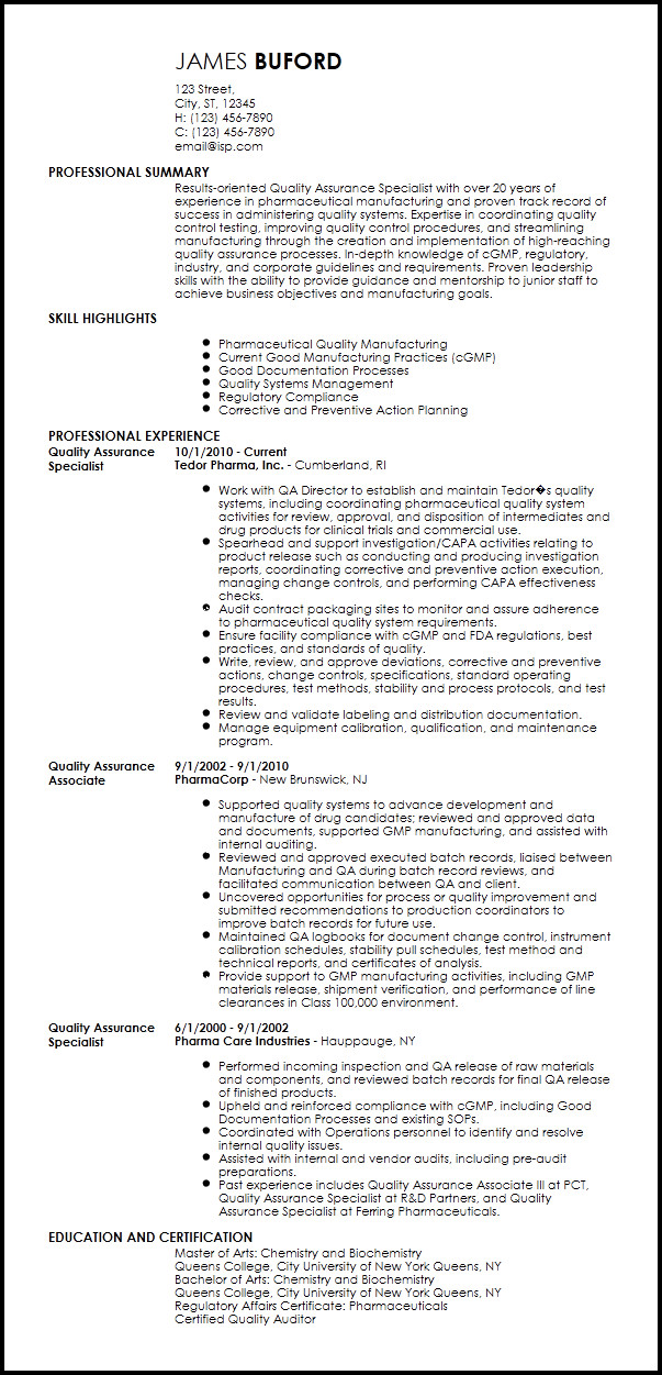 Pharmaceutical Resume Samples for Quality assurance Quality assurance Pharma