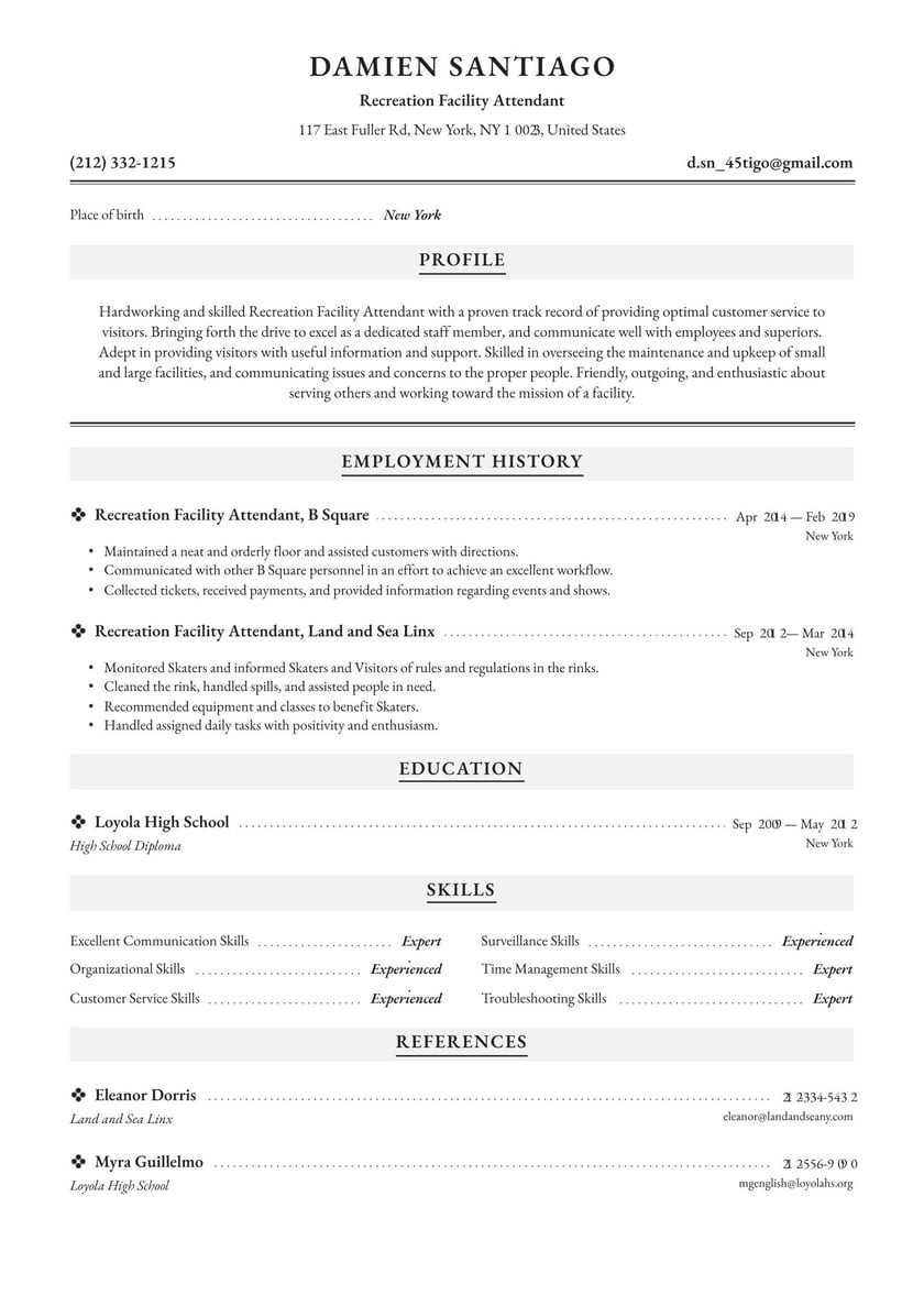 Recreation attendant Sample Resume No Experience Recreational Facility attendant Resume Examples & Writing Tips 2022