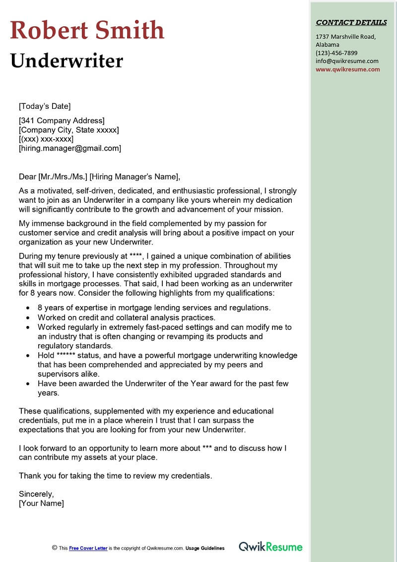 Sample Mortgage Underwriter Cover Letter for Resume Underwriter Cover Letter Examples – Qwikresume