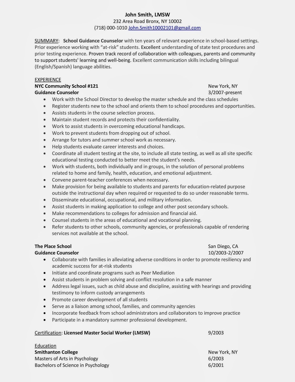 Sample Of A College Counselor Resume School Guidance Counselor: Sample Resume Career Advice & Pro …