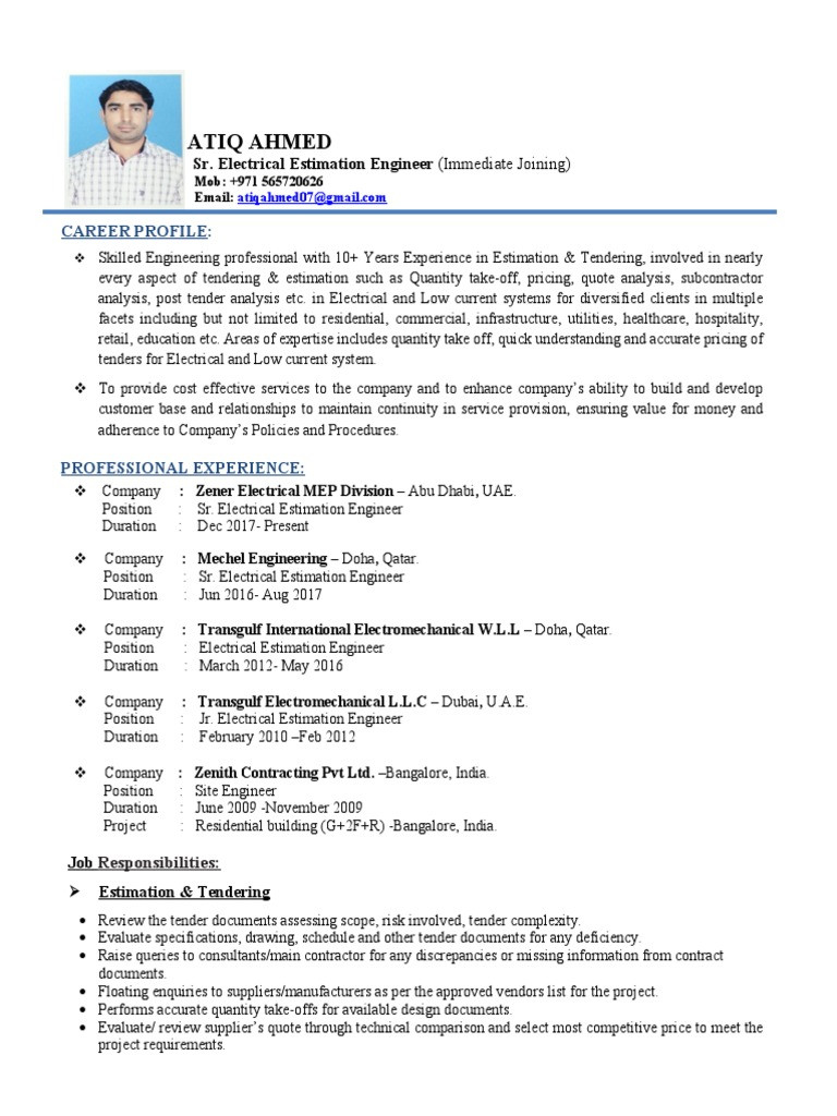 Sample Resume Electrical Estimation Engineer Cv atiq Ahmed: (immediate Joining) Pdf Specification (technical …