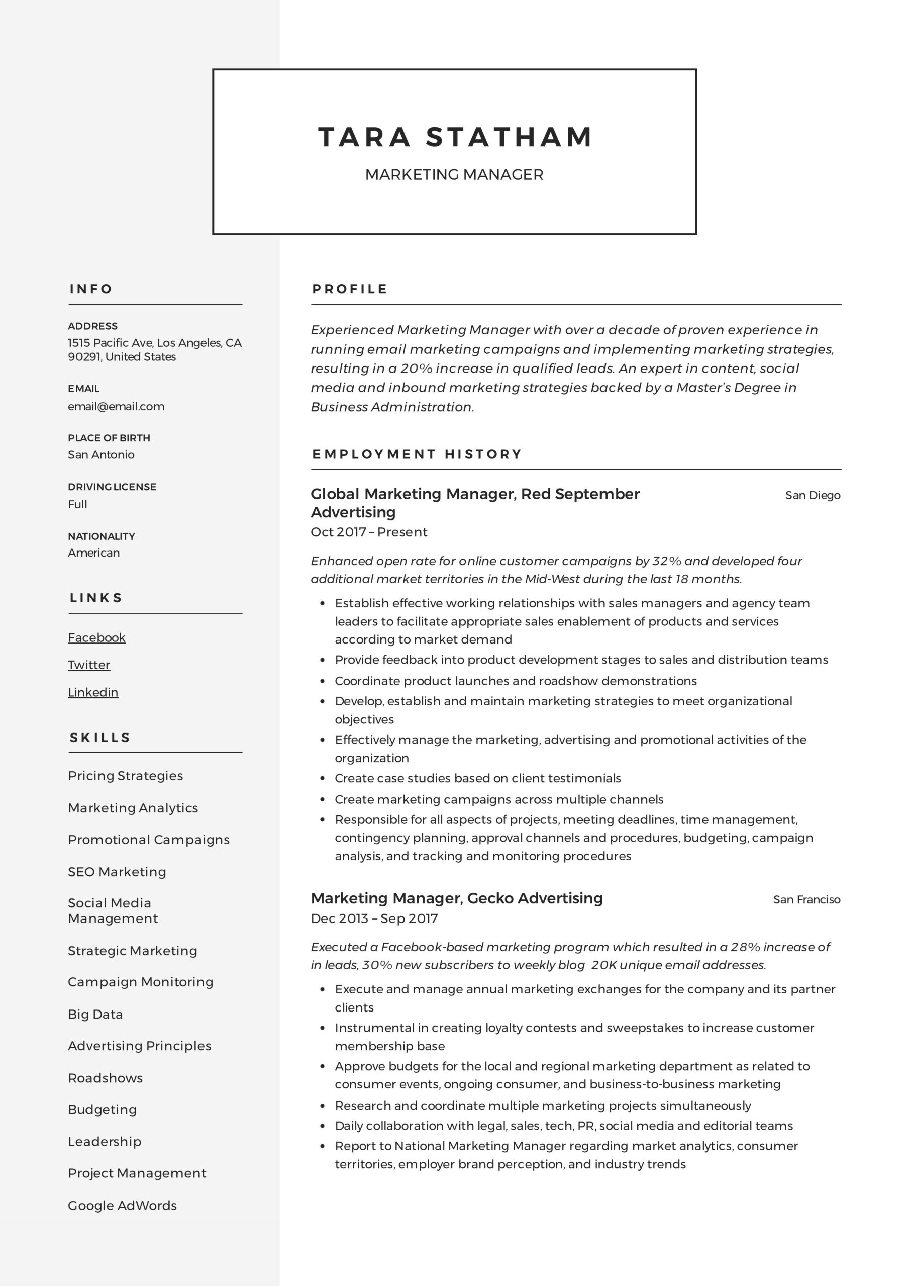 Sample Resume for Brand Marketing Manager Marketing Manager Resume   Writing Guide 12 Templates 2020