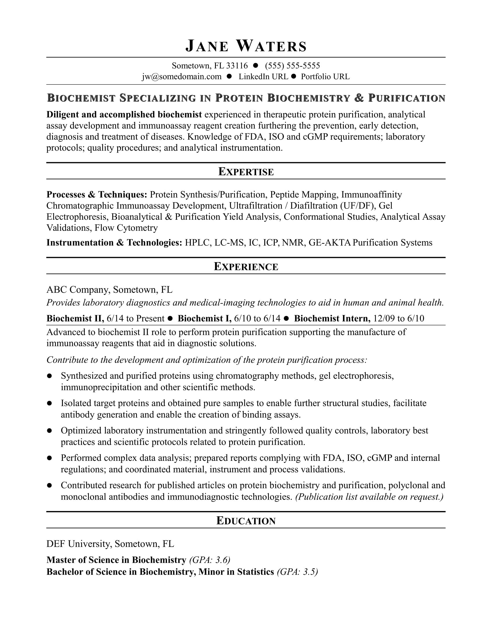 Sample Resume for Bsc Biochemistry Freshers Biochemistry Resume