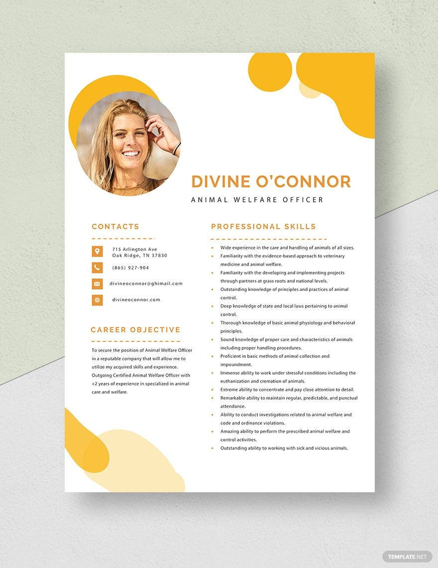 Sample Resume for Cremation View Specialist Animal Welfare Officer Resume Template – Word, Apple Pages, Psd …