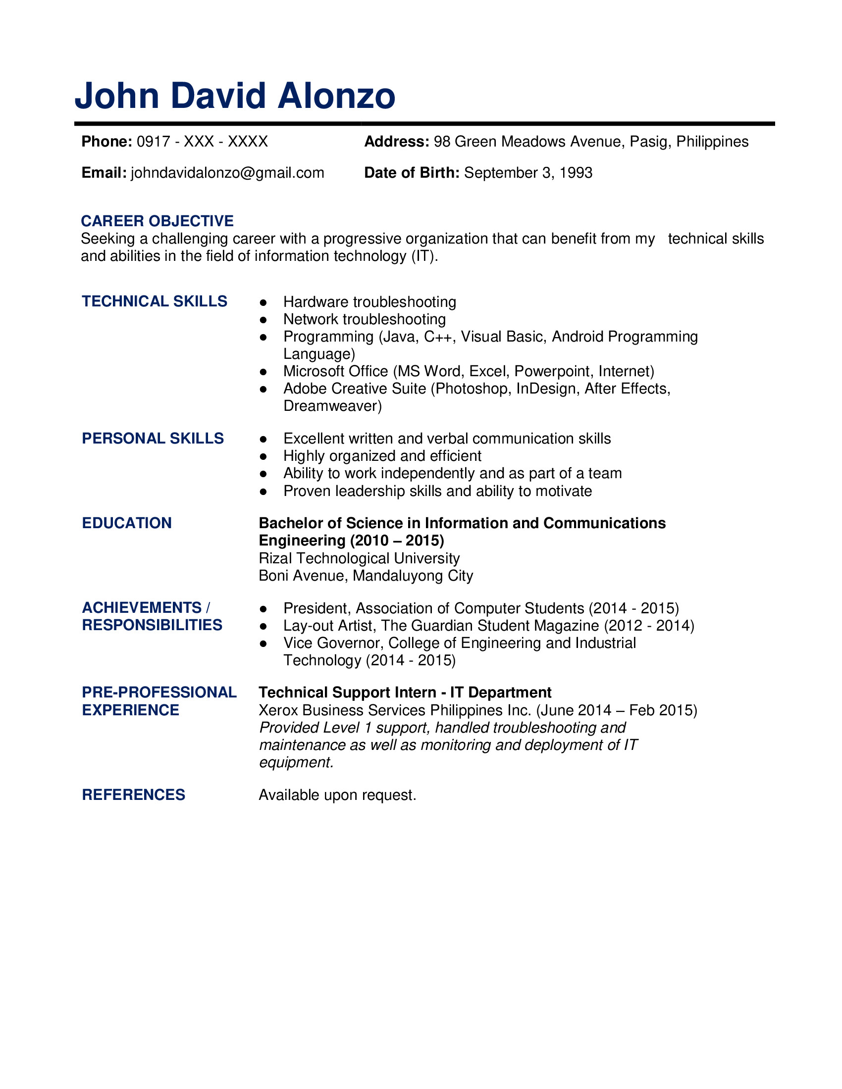 Sample Resume for New Graduate Student Sample Resume formats for Fresh Graduates