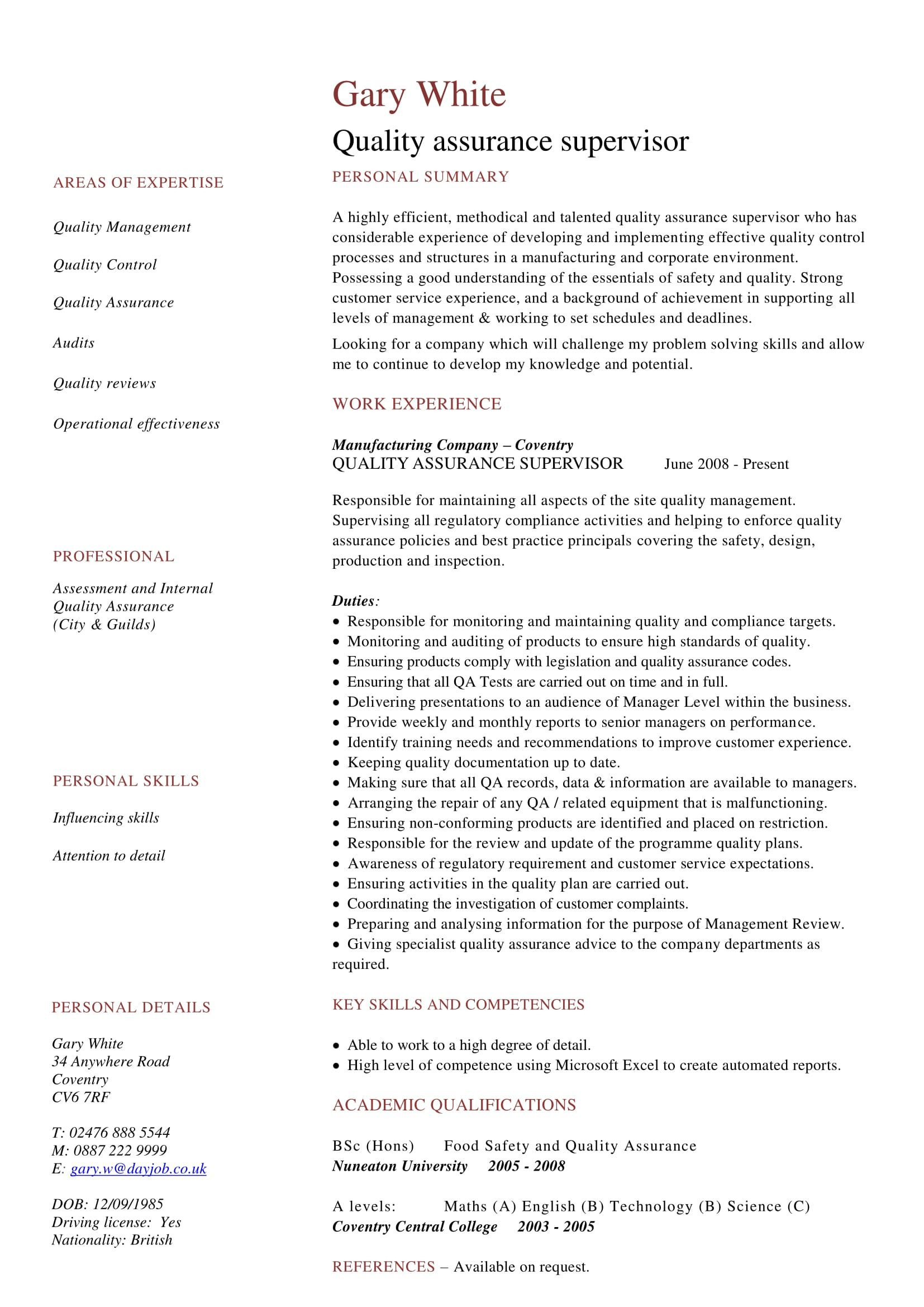 Sample Resume for Quality assurance Manager Quality assurance Cv Resume Examples, Cv Resume Sample, Sample …