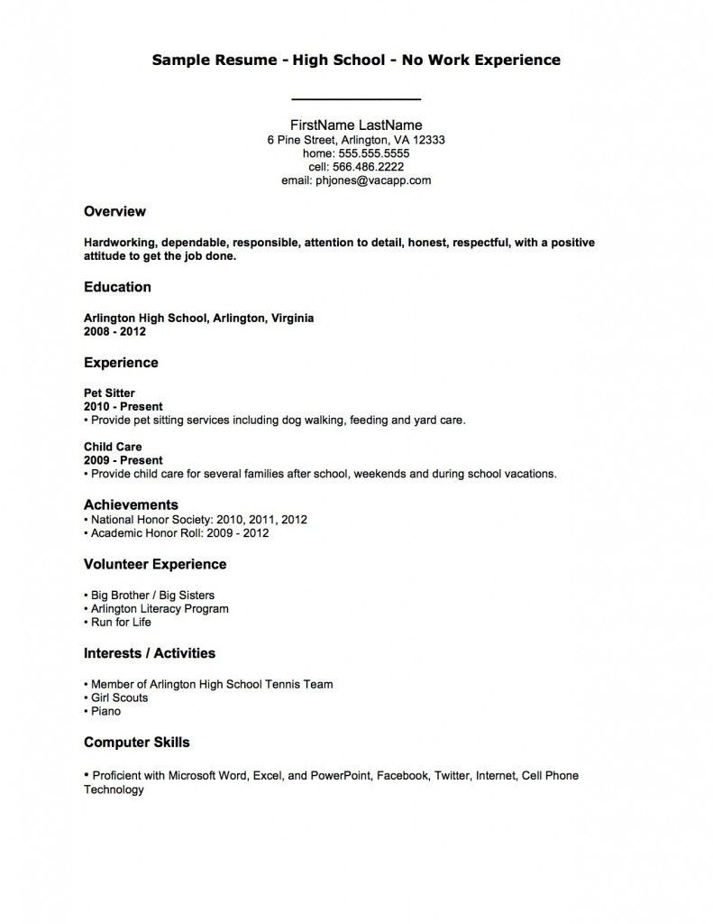 Sample Resume Objectives for No Work Experience Resume Examples Sample Resume High School No Work Experience First …