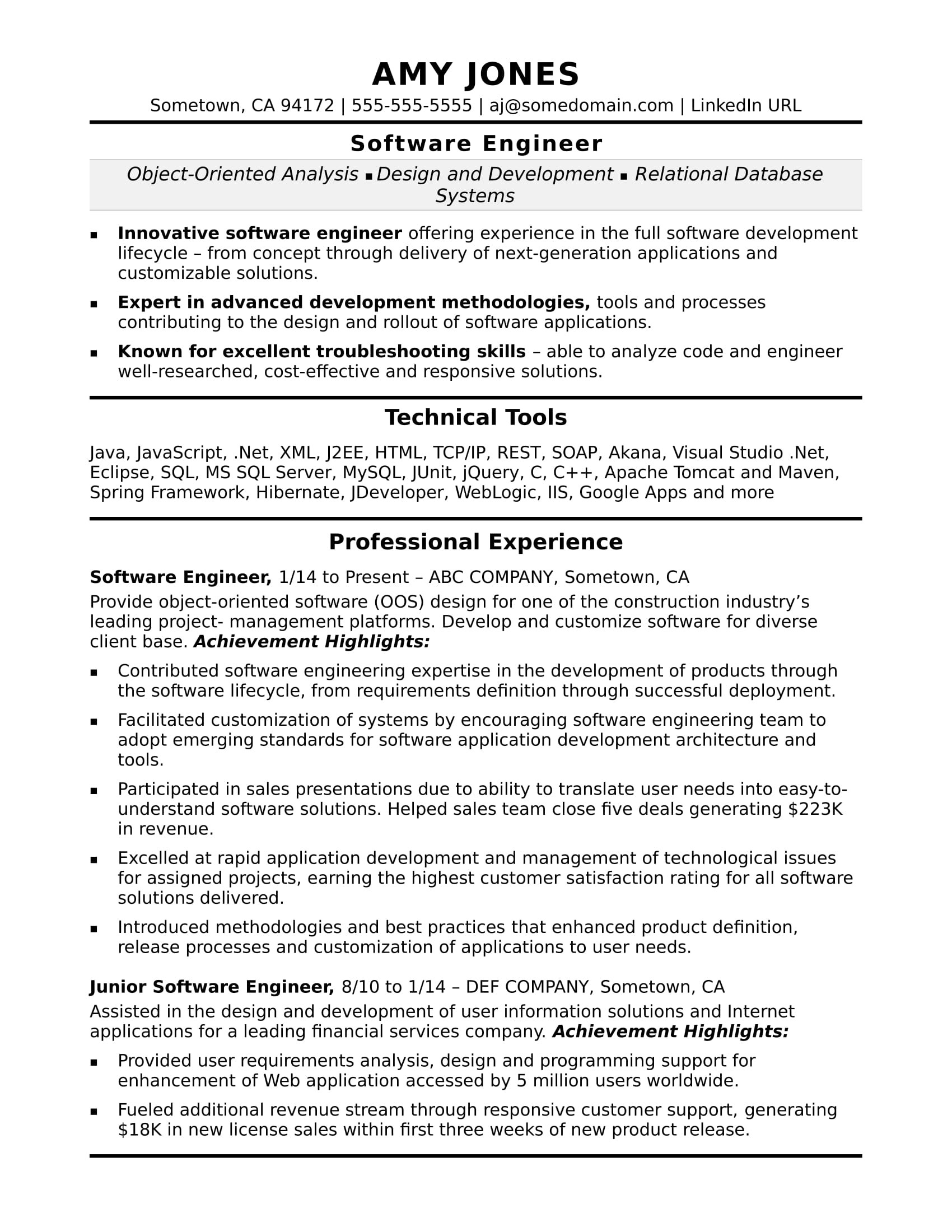 Sample software Developer Resumes Skill Set software Engineer Resume Monster.com