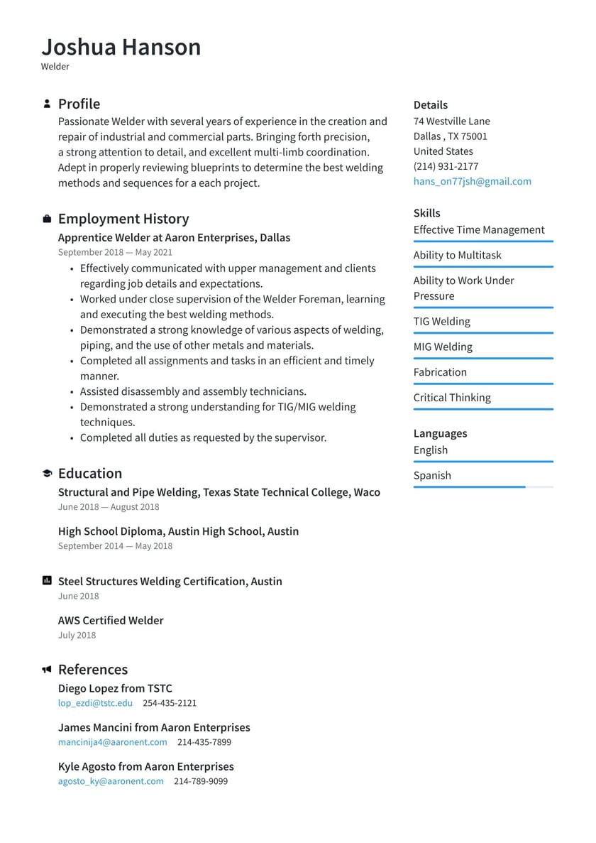 Tig and Arc Welder Resume Sample Welder Resume Examples & Writing Tips 2022 (free Guide) Â· Resume.io