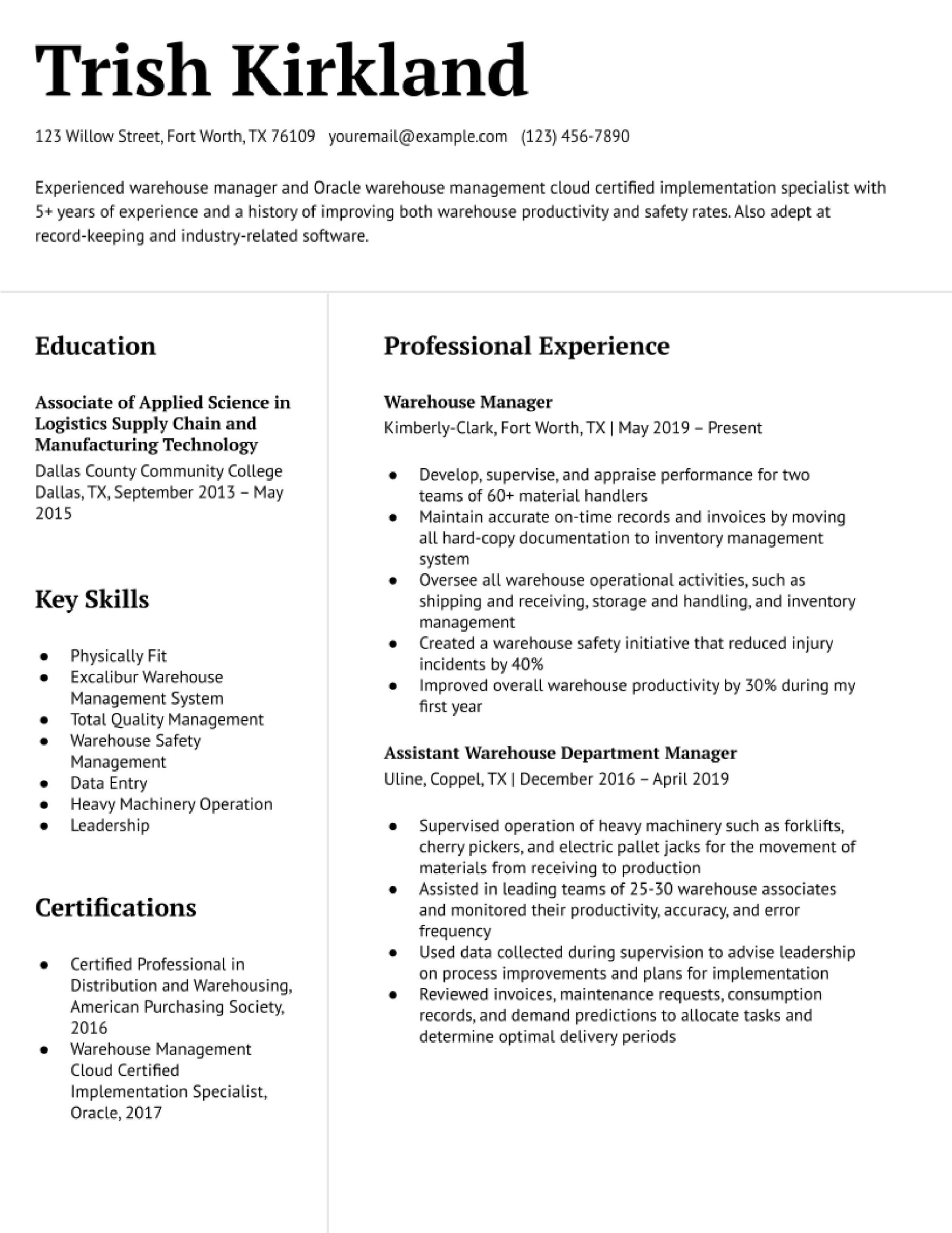 Warehouse Manager Job Description Resume Sample Warehouse Manager Resume Examples In 2022 – Resumebuilder.com