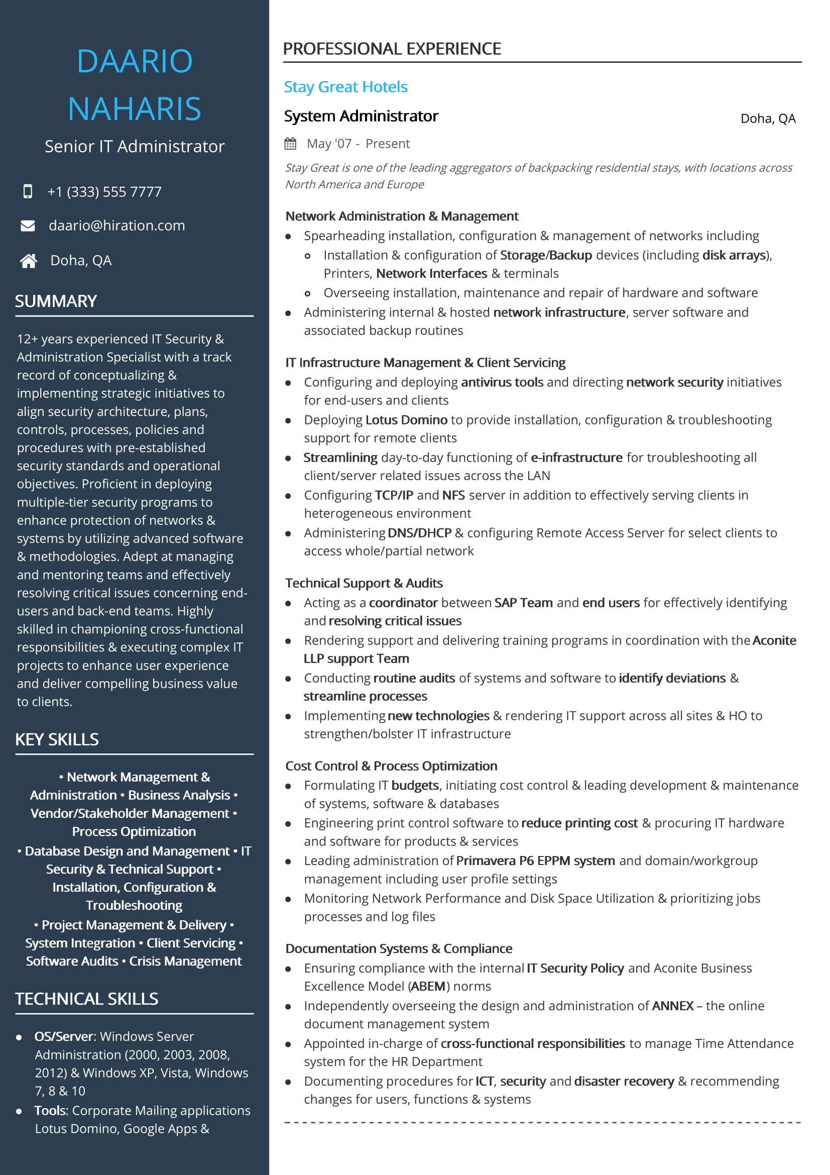 Networking and Network Ip Schemes Sample Resumes Free Senior It Administrator Resume Sample 2020 by Hiration