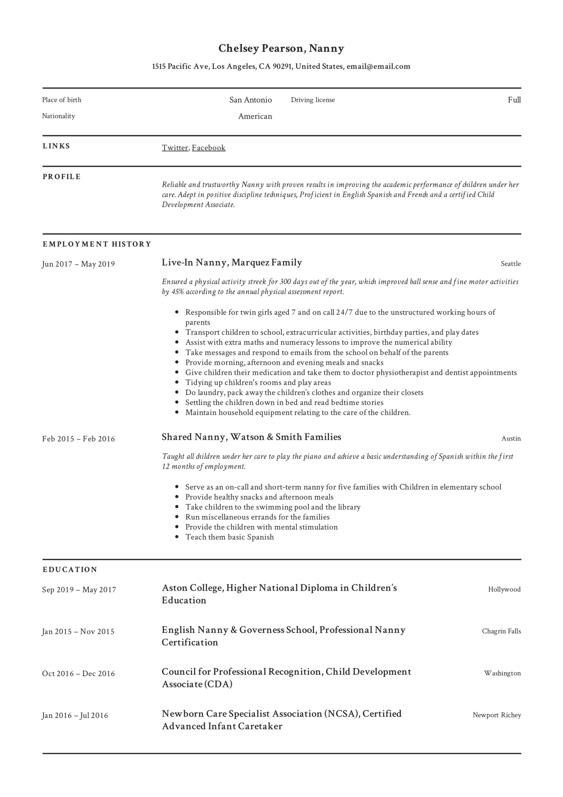 Sample Nanny Experience On A Resume Nanny Resume & Writing Guide  12 Template Samples Pdf