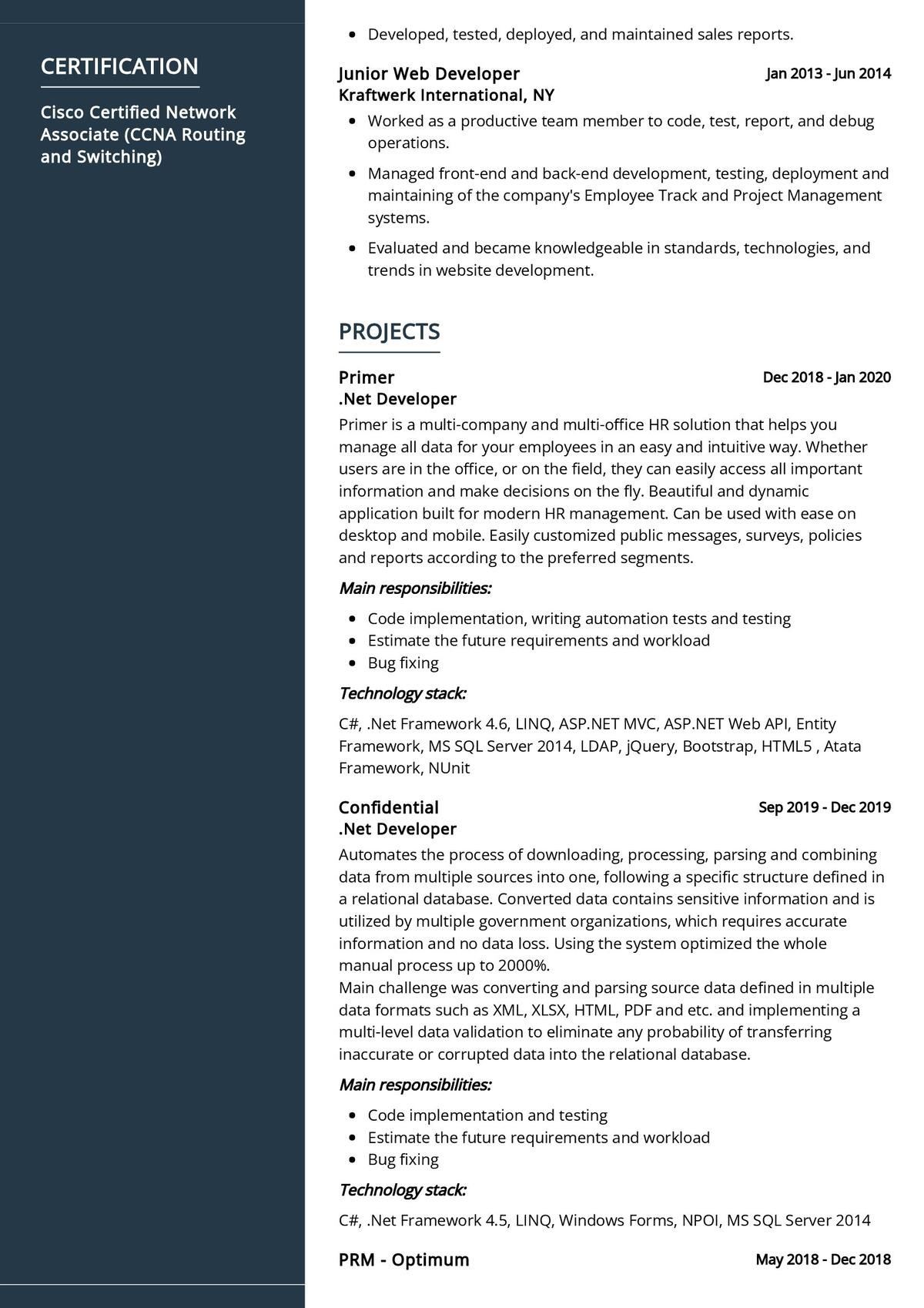 Sample Net Project Description In Resume Dot Net Developer Cv Sample 2022 Writing Tips – Resumekraft