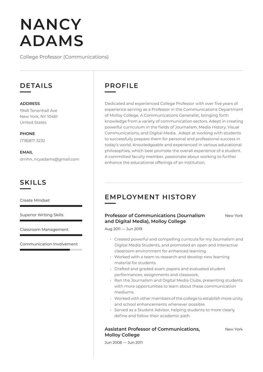 Sample Of A Faculty Adjunct Resume College Professor Resume Example & Writing Guide Â· Resume.io