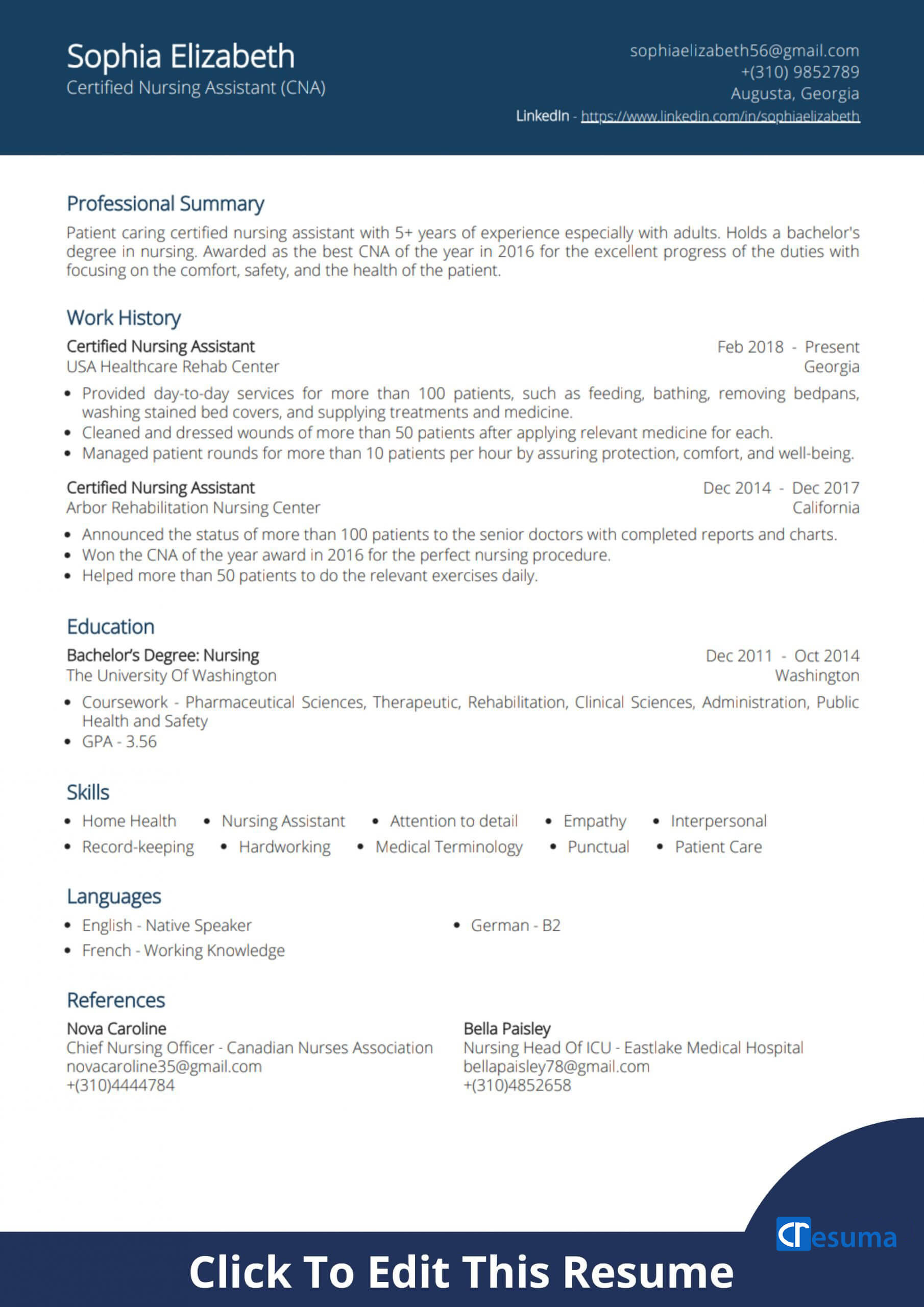 Sample Resume Entry Level Certified Nursing assistant Certified Nursing assistant (cna) Resume Example