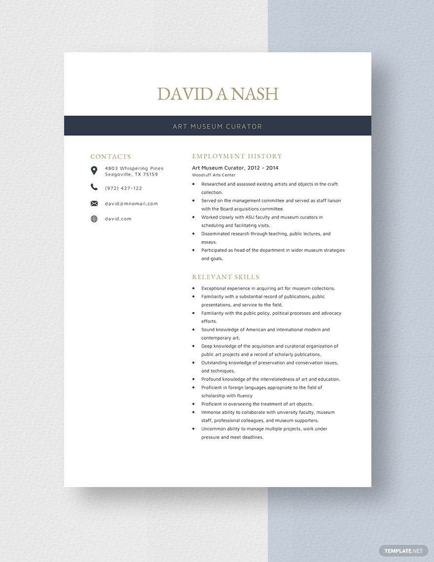 Sample Resume for Curatorial Design Museum Art Museum Curator Resume Template – Word, Apple Pages Template.net