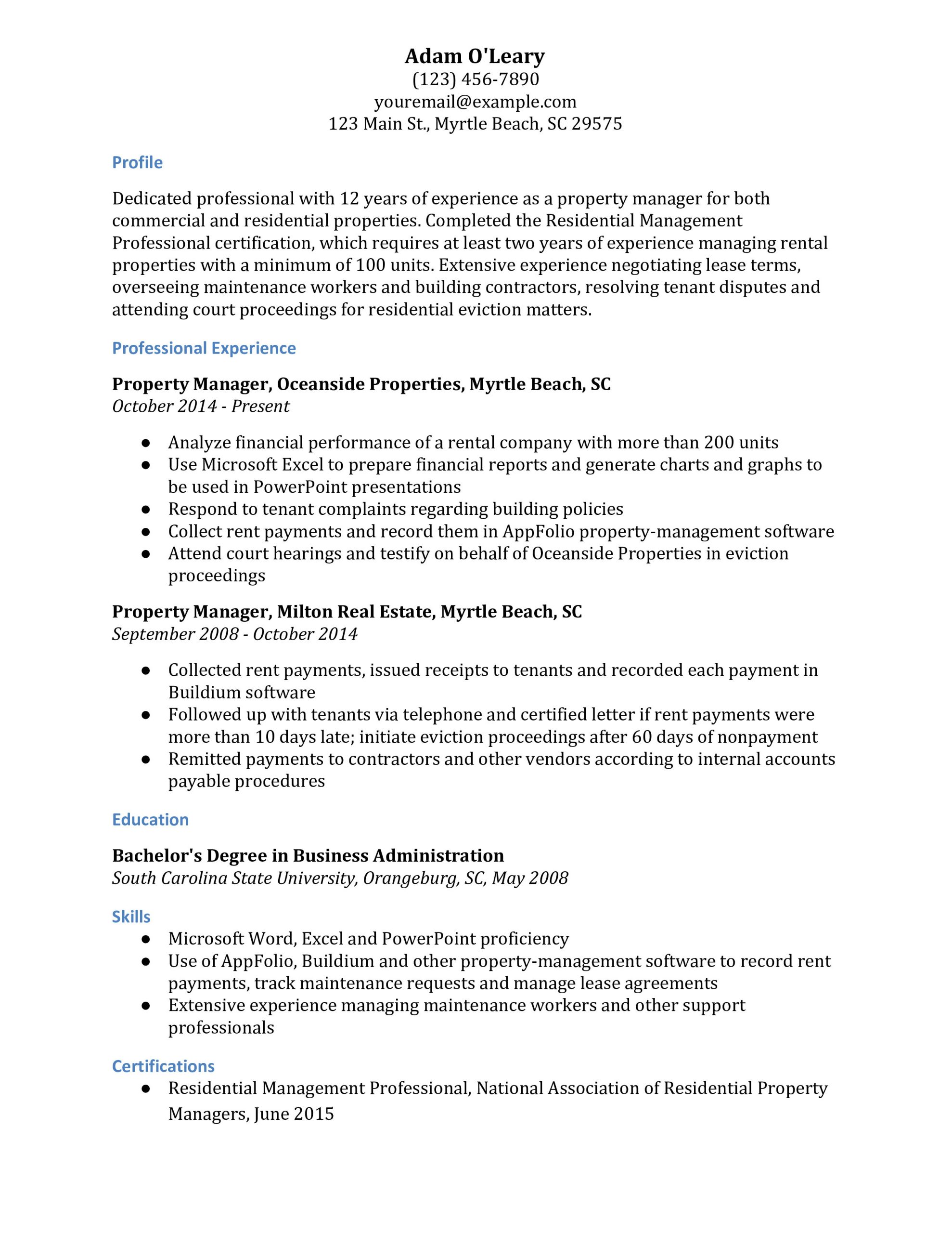 Sample Resume for Residential Property Manager Property Manager Resume Examples – Resumebuilder.com