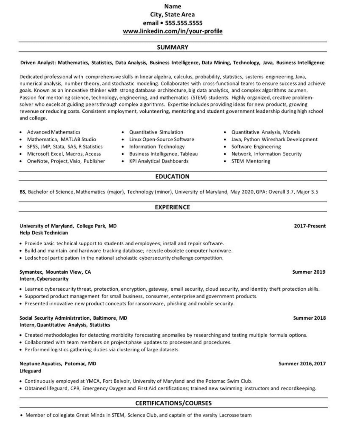 Resume for Undergraduate College Student Sample College Student/entry Level Resume & Linkedin Profile Examples