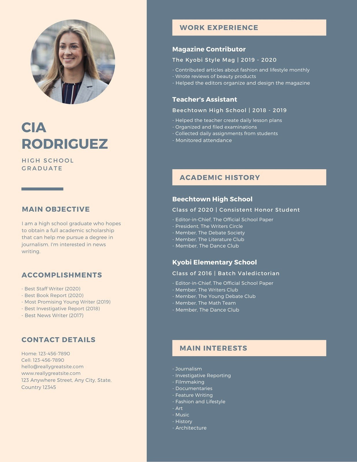 Sample High School Student Resume for Scholarships Blue and Cream Sidebar Scholarship Resume – Templates by Canva