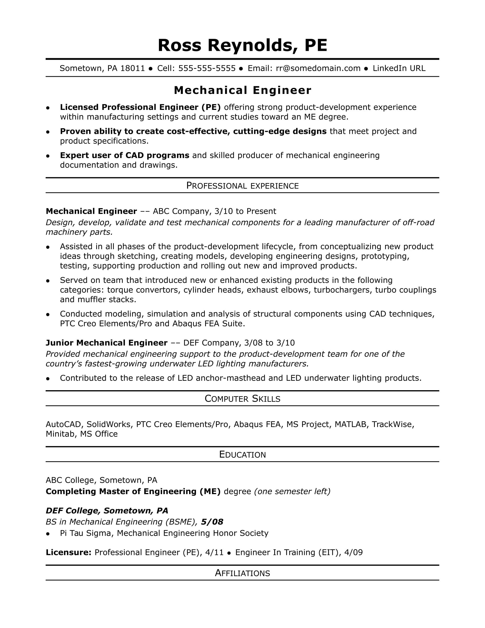 Sample Of A Good Engineering Resume Sample Resume for A Midlevel Mechanical Engineer Monster.com