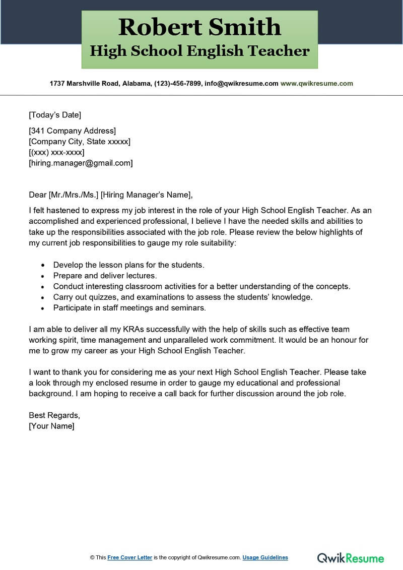 English Teacher Resume Cover Letter Sample High School English Teacher Cover Letter Examples – Qwikresume