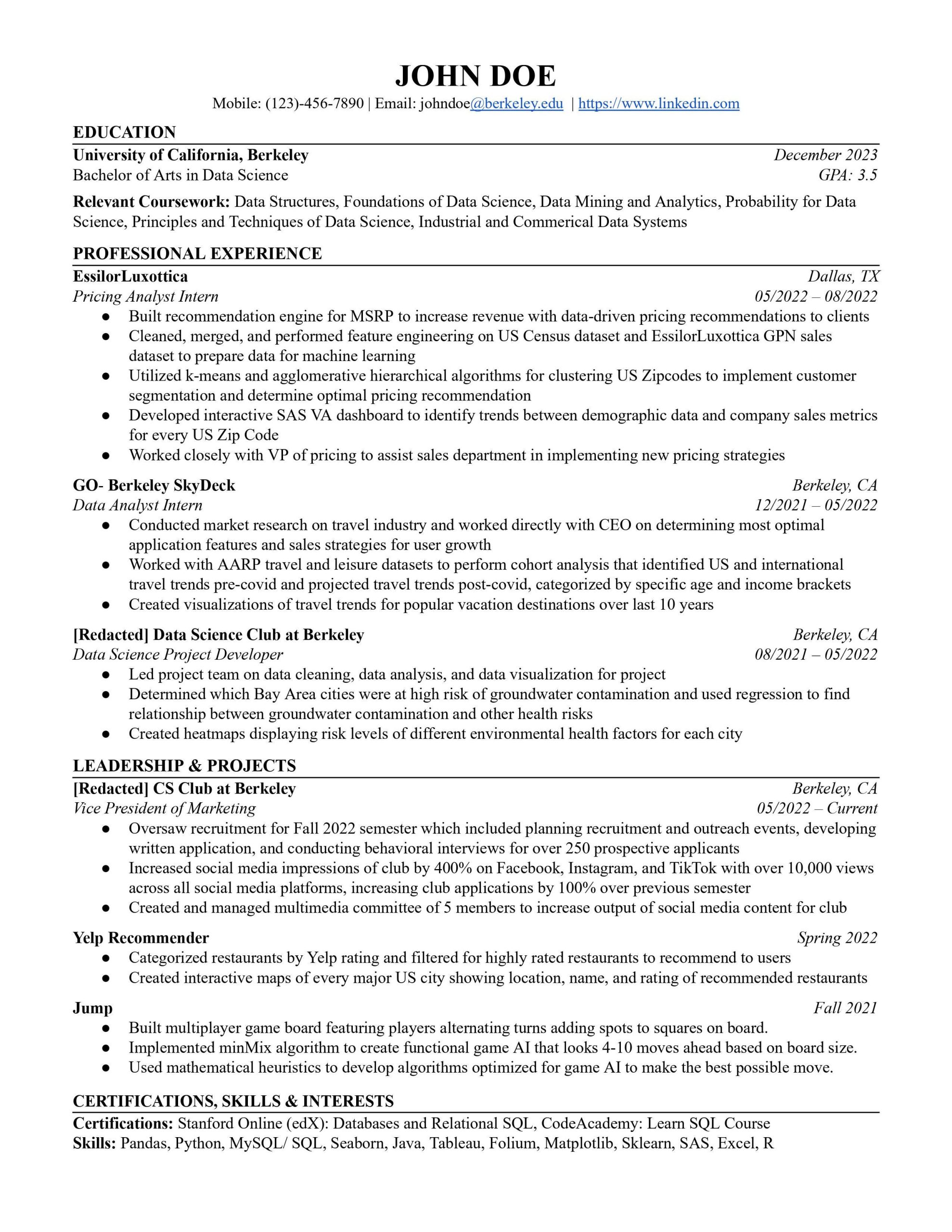 Relevent Course Work Resume Samples Uc Berkley Current Data Science Major at Uc Berkeley Graduating In Fall 2023 …