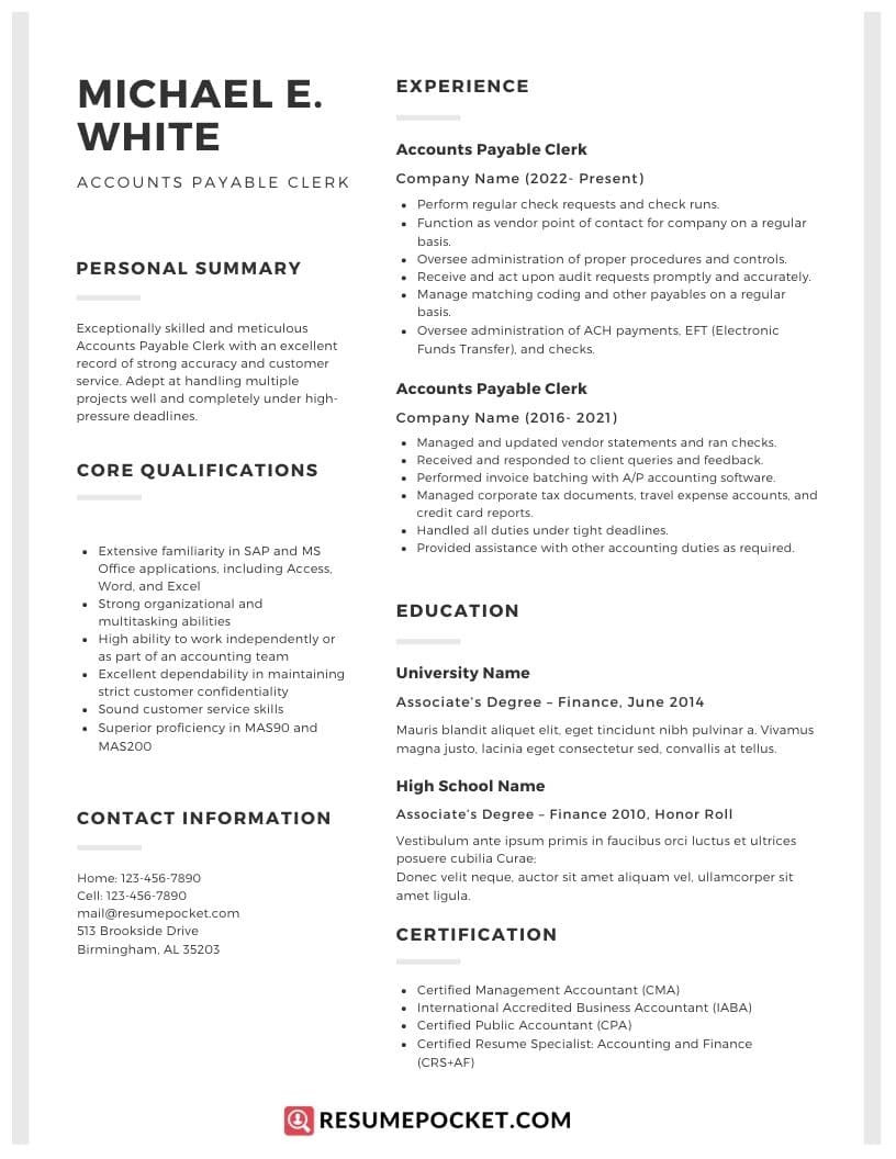 Sample Resume for Accounts Payable Coordinator Accounts Payable Clerk Resume Sample – Resumepocket