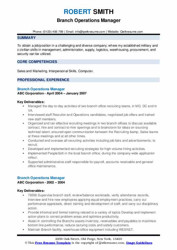 Sample Resume for Branch Operations Manager Branch Operations Manager Resume Samples