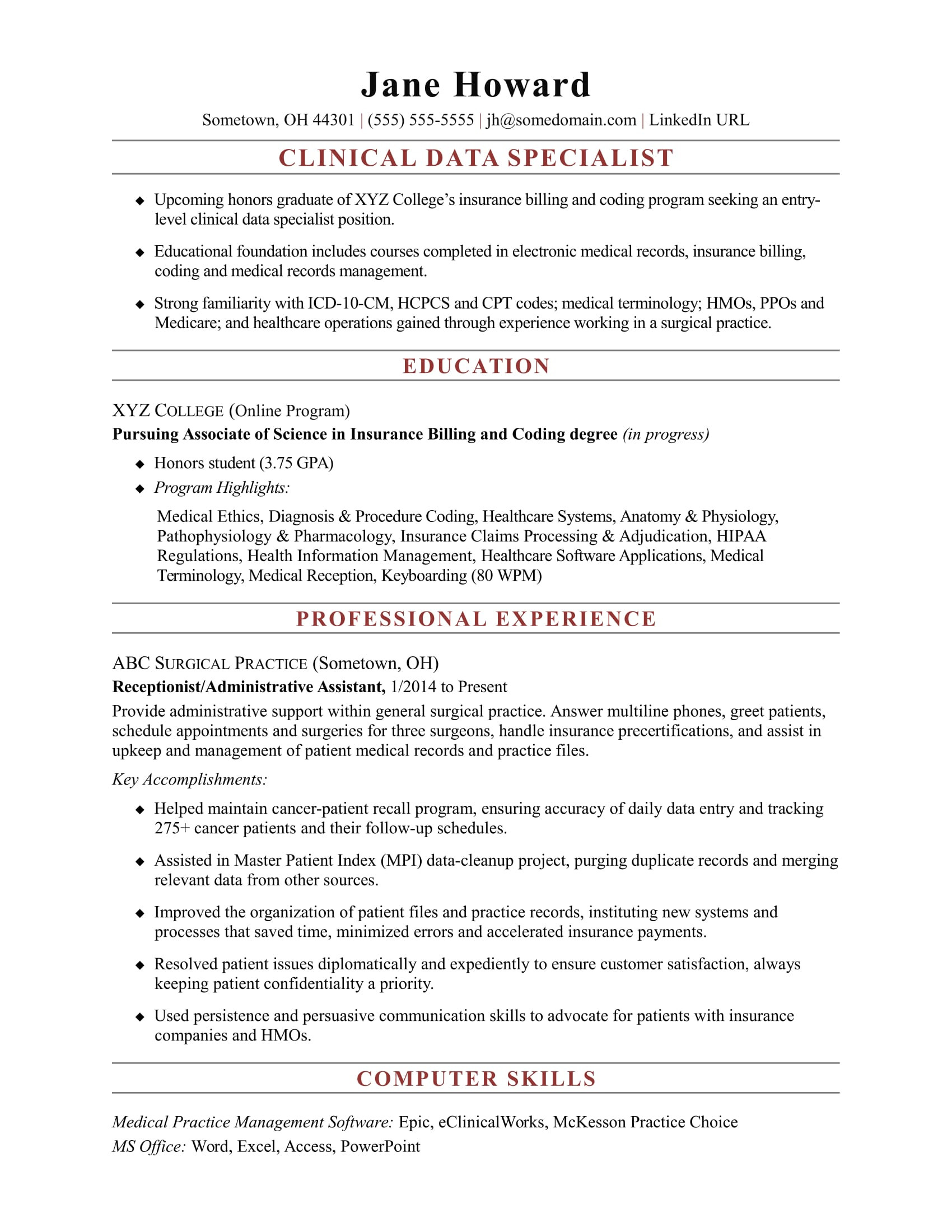 Sample Resume for Hospital Management Freshers Entry-level Clinical Data Specialist Resume Sample Monster.com