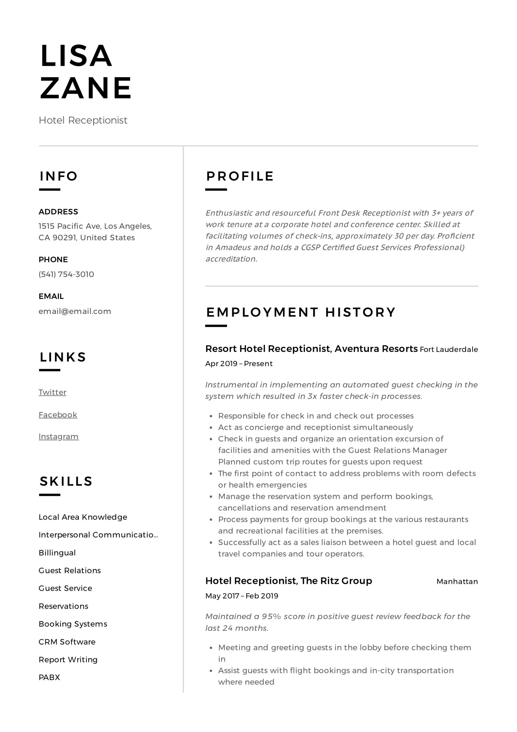 Sample Resume for Hotel Front Desk Receptionist Cv Receptionist Hotel Pdf October 2021