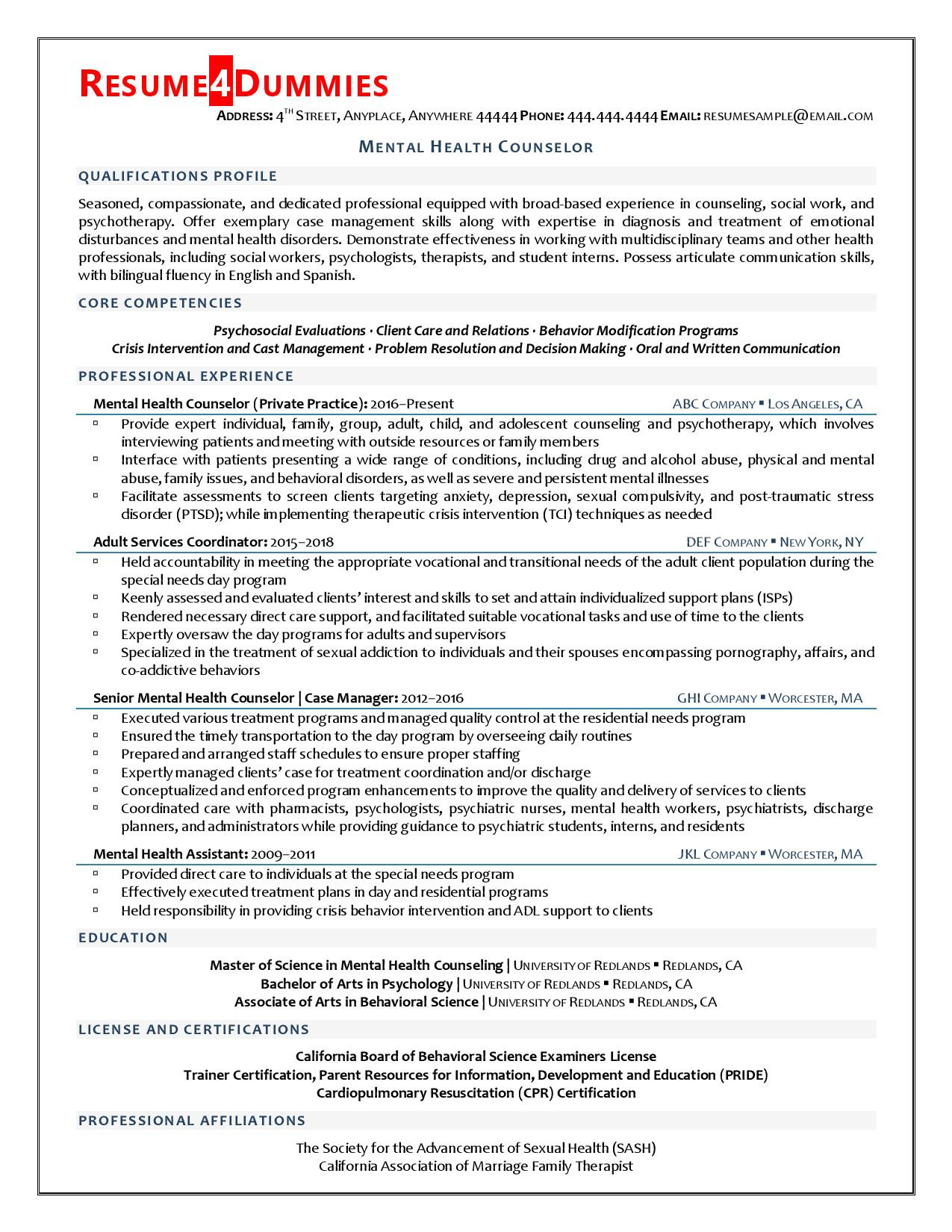 Sample Summary for Addiction Counselor Resume Mental Health Counselor Resume Example Resume4dummies