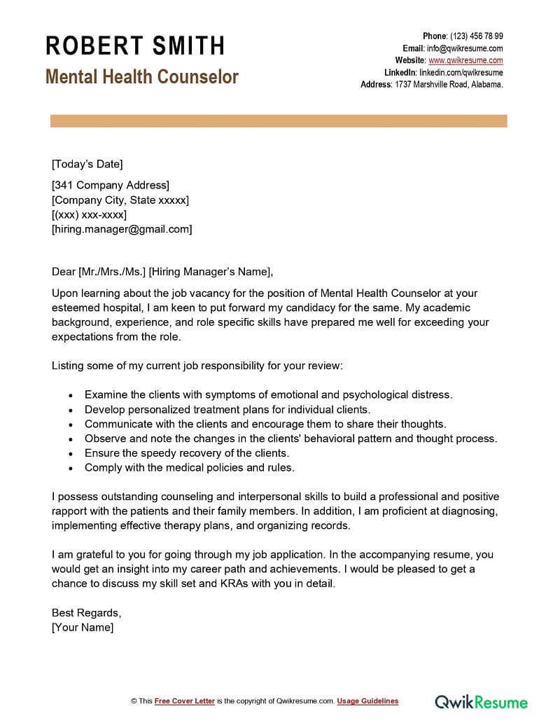 Sample Of Mental Health Counselor Resume Mental Health Counselor Cover Letter Examples – Qwikresume