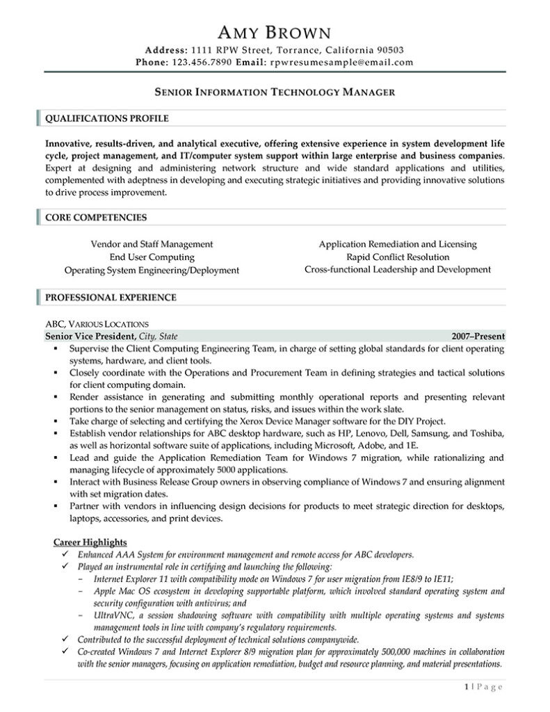 Senior Information Technology Manager Resume Sample It Manager Resume Tips Resume Professional Writers