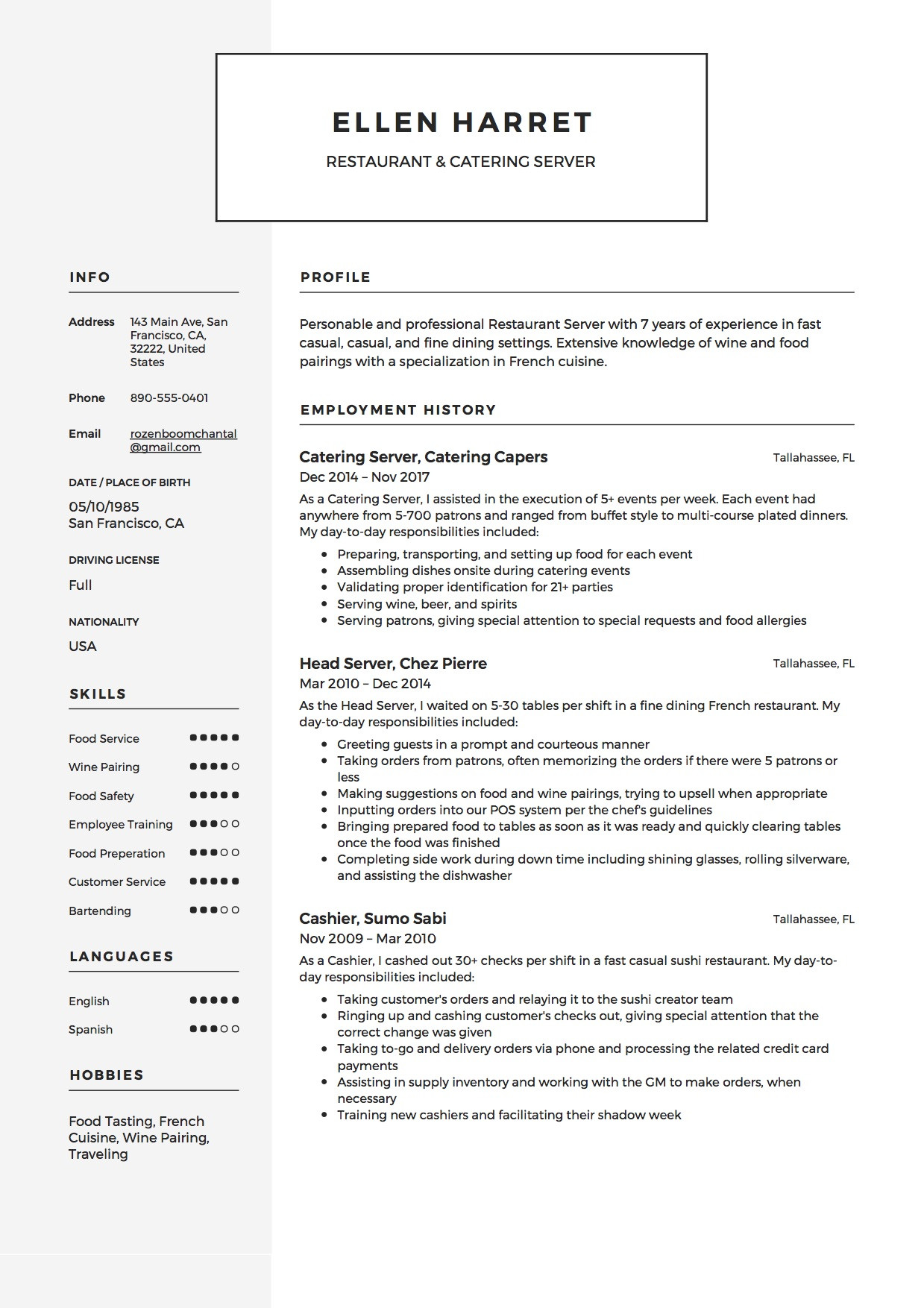 Food and Beverage Server Resume Samples Server Resume & Writing Guide   17 Examples (free Downloads) 2020