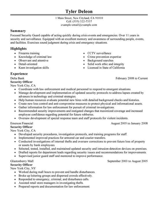 Free Sample Resume for Security Guard Security Guard Resume