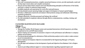 Sample Resume for Facility Maintenance Manager Facilities Maintenance Manager Resume Samples