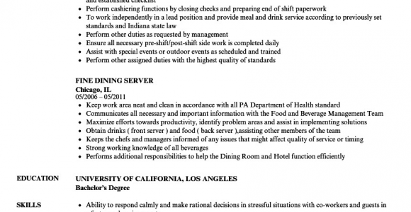 Sample Resume for Fine Dining Server Fine Dining Server Job Description for Resume Free